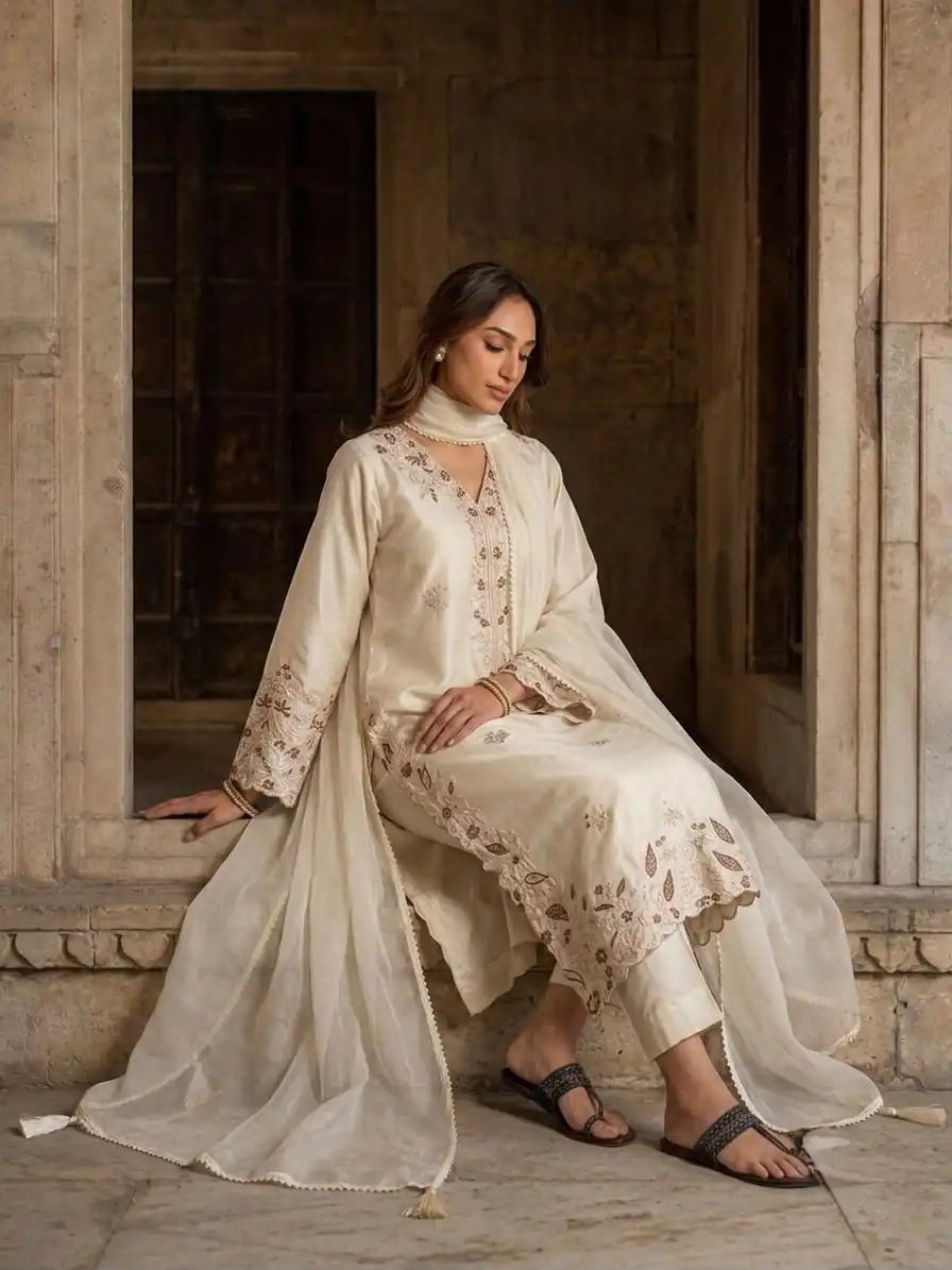 Pretty Cream Roman Glass Embroidery Work Salwar Suit - Image 2