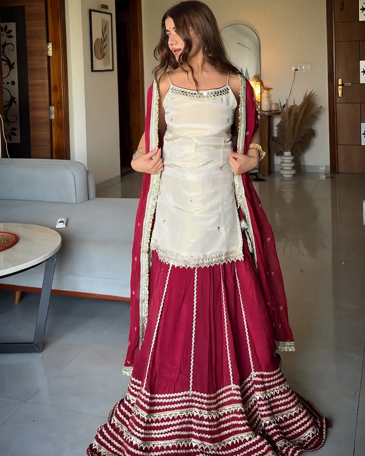 Pretty Maroon Fendy Silk Real Mirror Work Lehenga Choli - Image 6