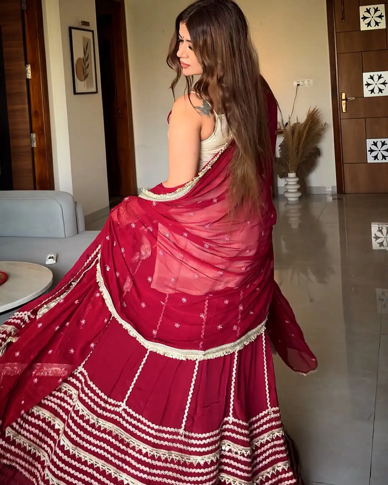 Pretty Maroon Fendy Silk Real Mirror Work Lehenga Choli - Image 4