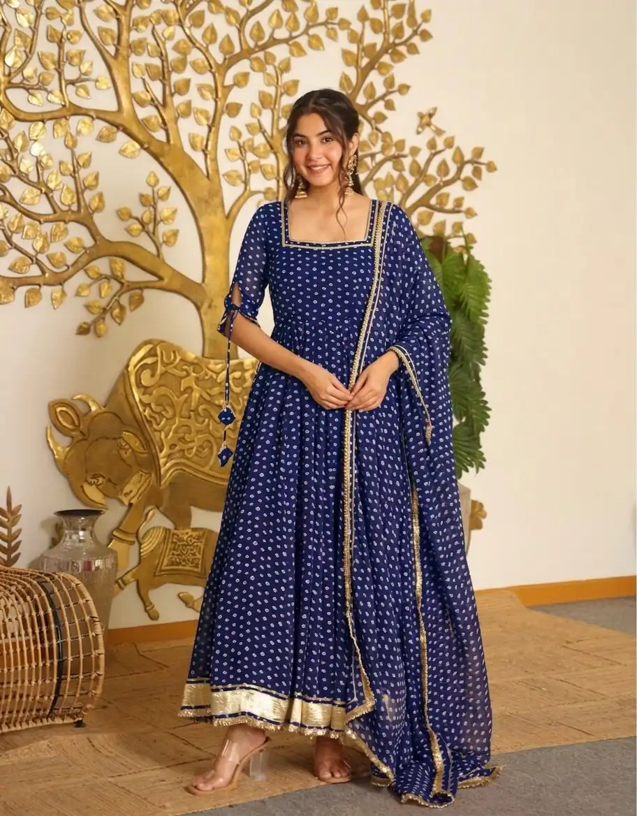 Pretty Navy Blue Faux Georgette Bandhani Print Work Gown - Image 2