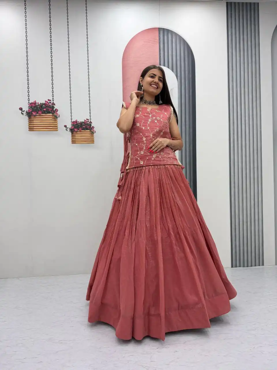 Pretty Peach Crunchy Silk With Sequins Work Lehenga Choli - Image 8