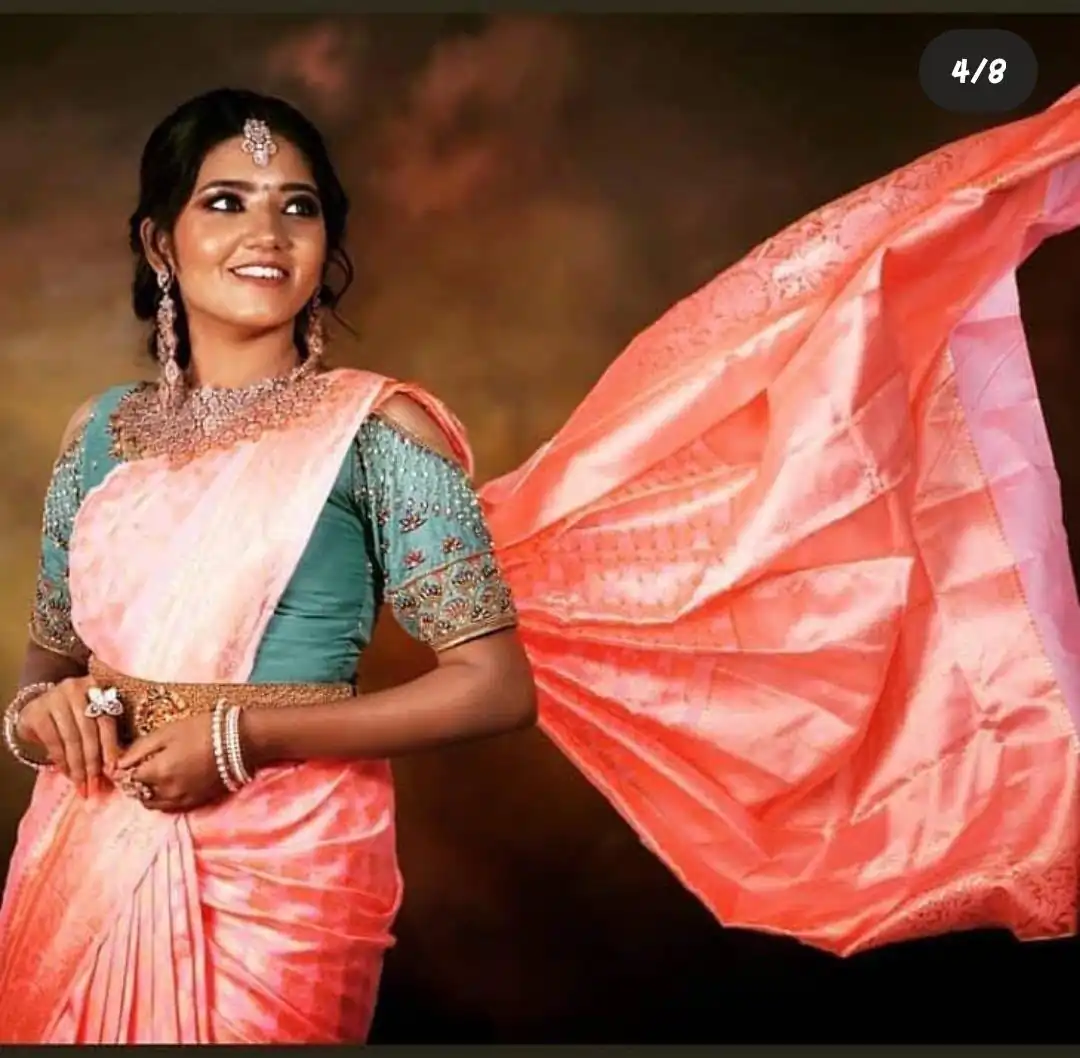 Pretty Peach Soft Lichi Silk Jacquard Work Saree - Image 4