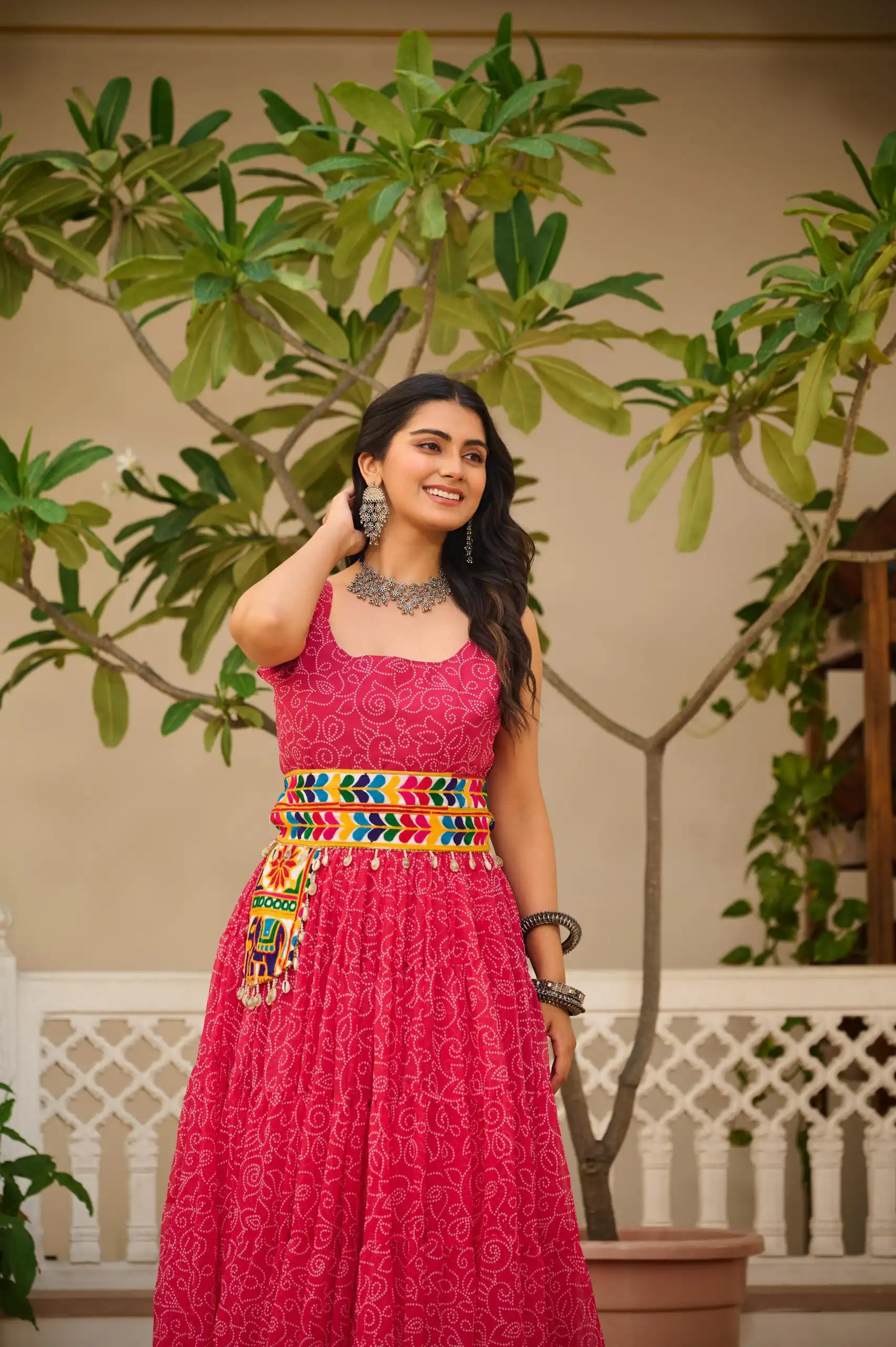 Pretty Pink Faux Georgette Mirror Gamathi Work Gown - Image 3