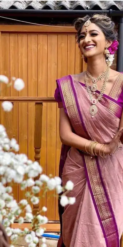 Alternative view of Pretty Pink Lichi Silk Jacquard Border Work Saree