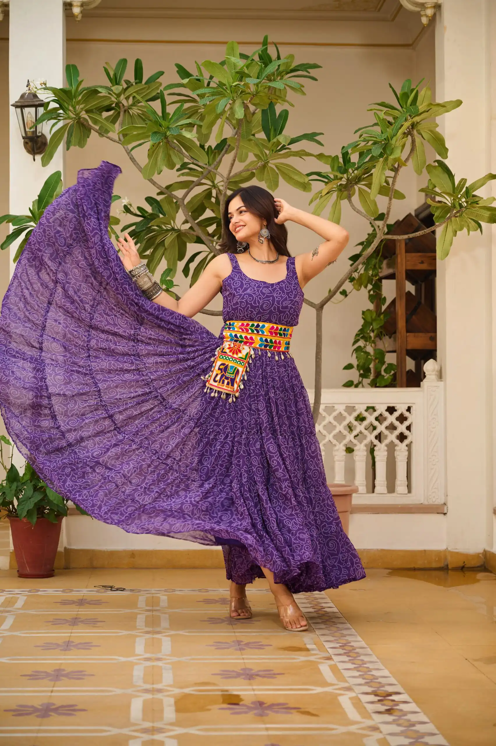 Pretty Purple Faux Georgette Mirror Gamathi Work Gown