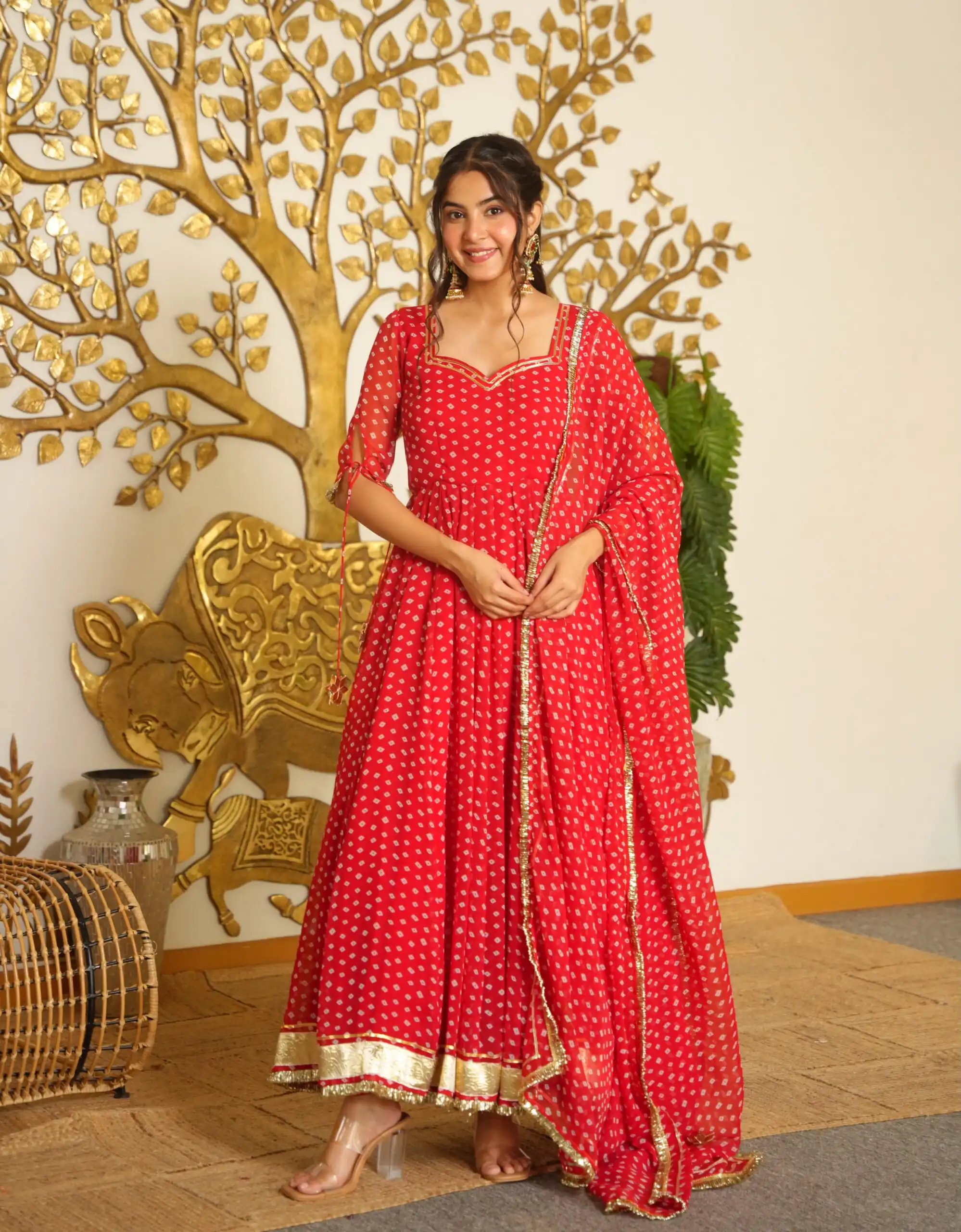 Pretty Red Faux Georgette Bandhani Print Work Gown - Image 3