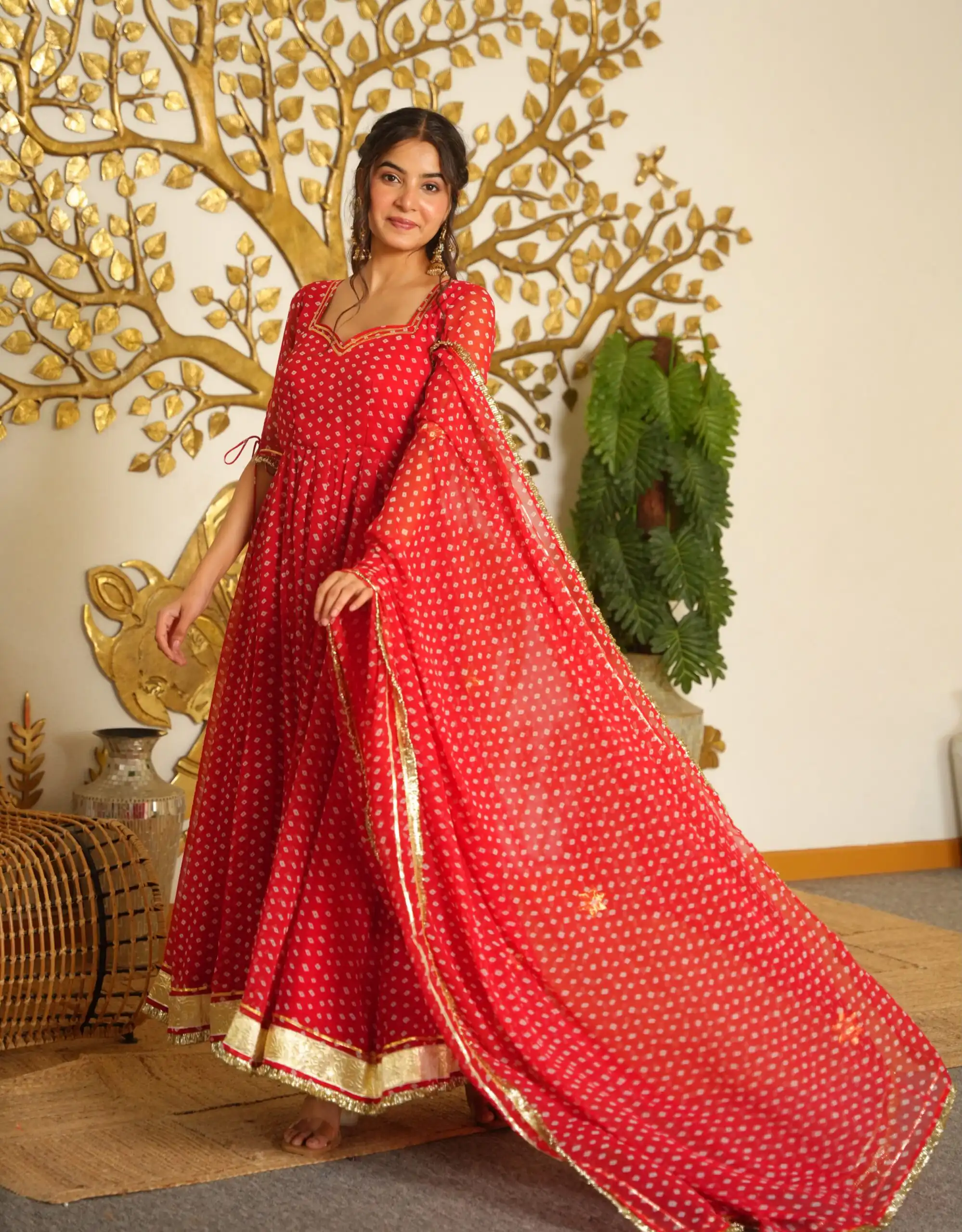 Pretty Red Faux Georgette Bandhani Print Work Gown