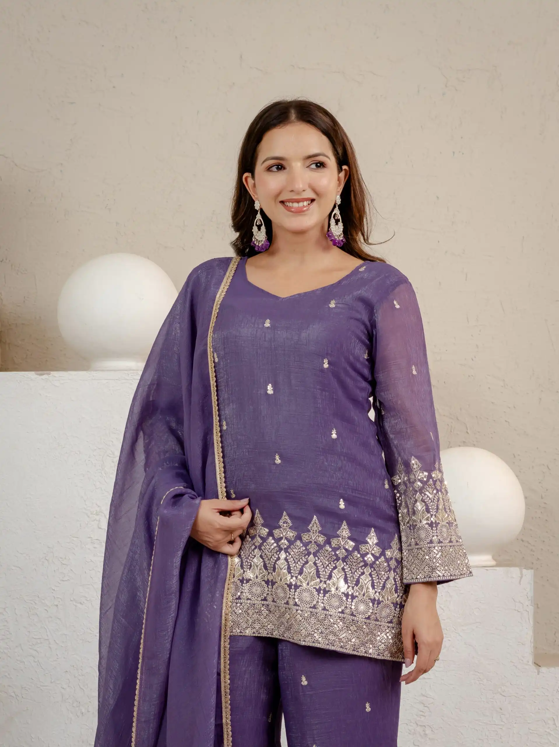 Shiny Lavender Crunchy Silk Embroider Salwar Suit - Image 9