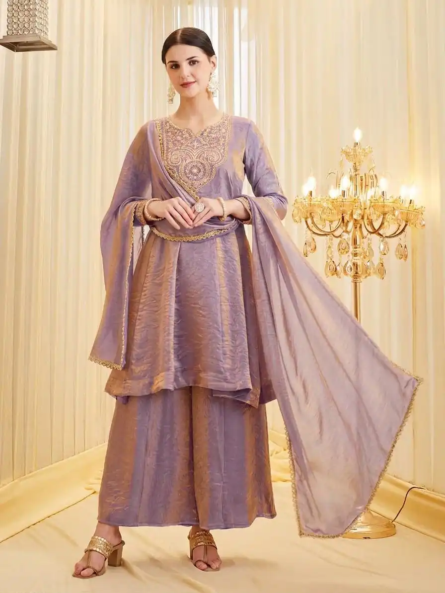Shiny Lavender Fandy Silk Embroider Sequins Work Salwar Suit
