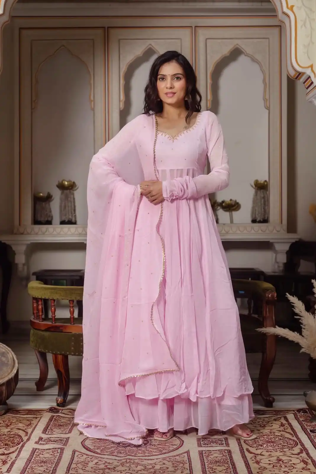 Shiny Light Pink Faux Georgette Hand Work Anarkali Suit - Image 2