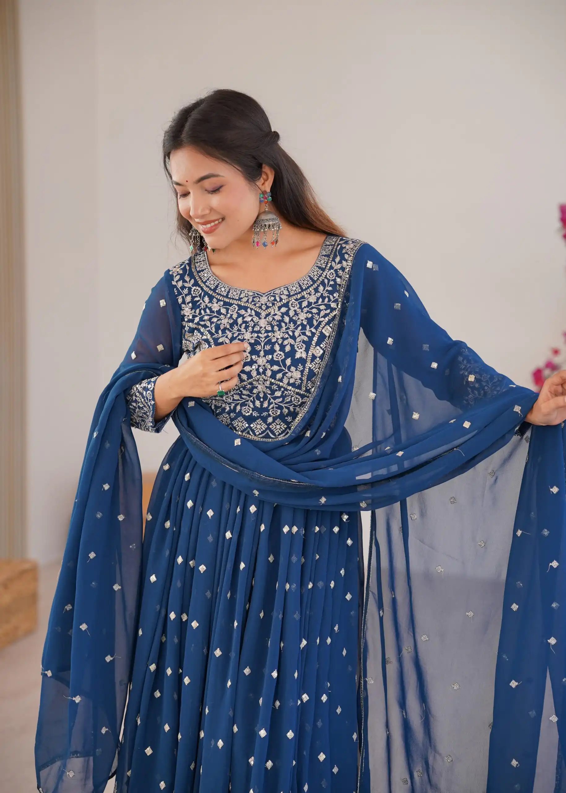 Shiny Navy Blue Faux Georgette Thread Work Anarkali Suit - Image 6