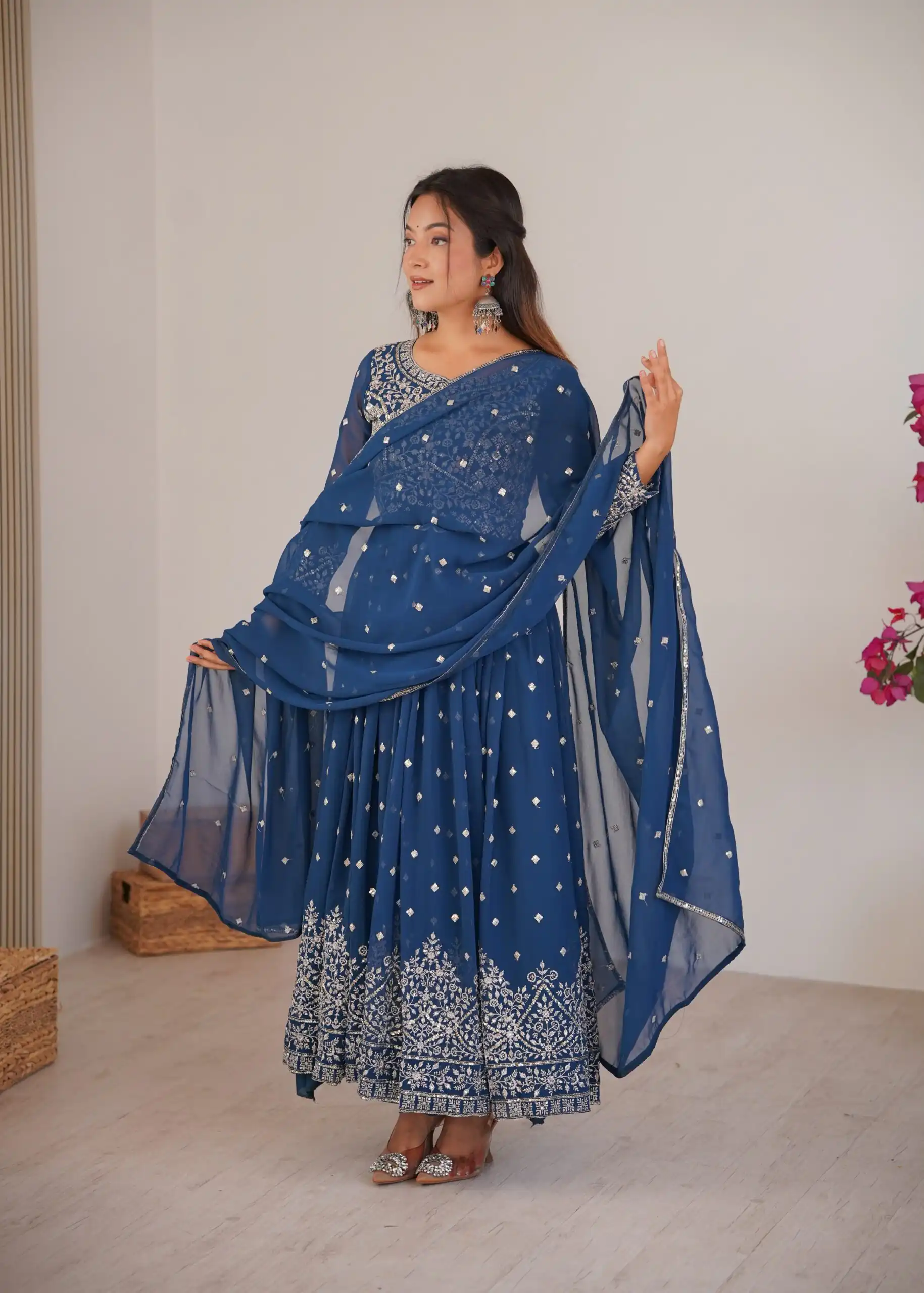 Shiny Navy Blue Faux Georgette Thread Work Anarkali Suit - Image 4