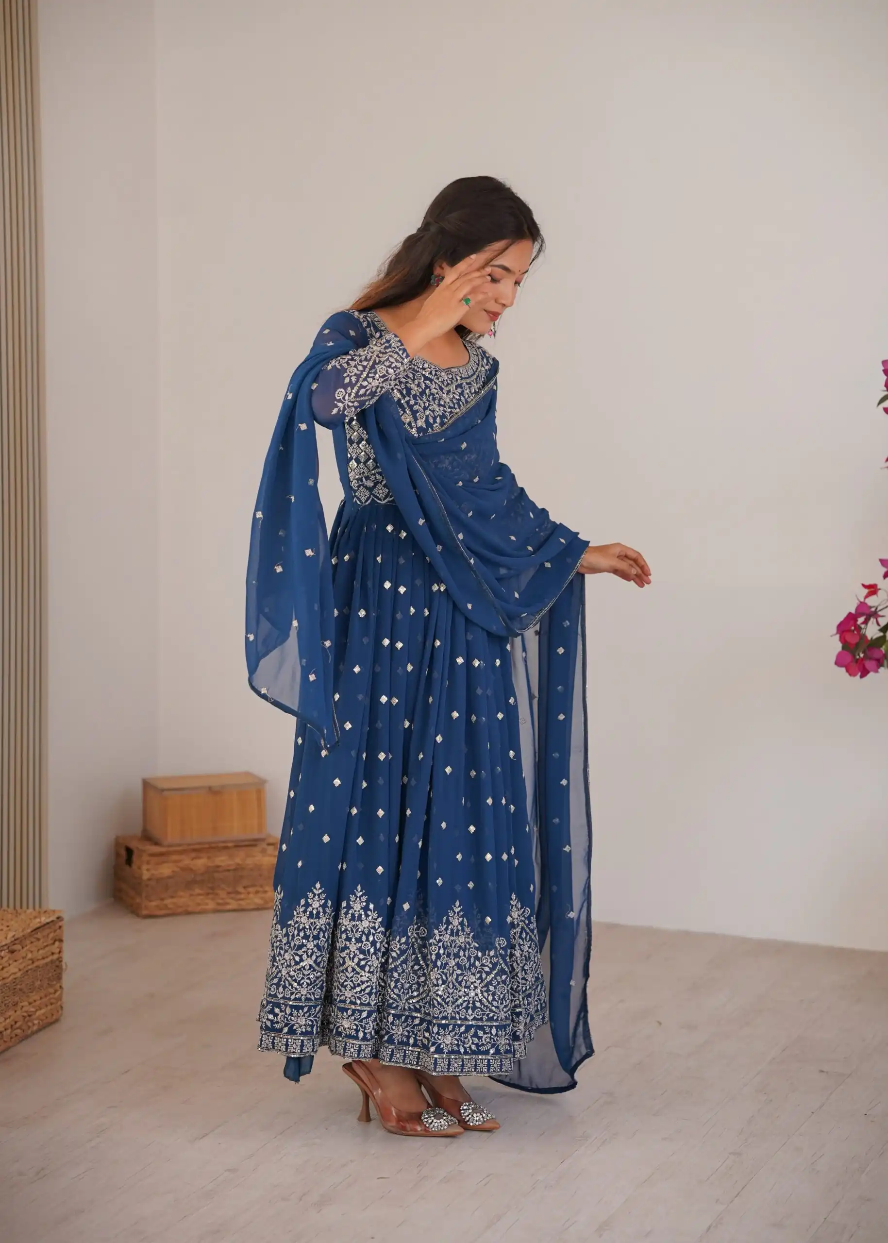 Shiny Navy Blue Faux Georgette Thread Work Anarkali Suit - Image 3