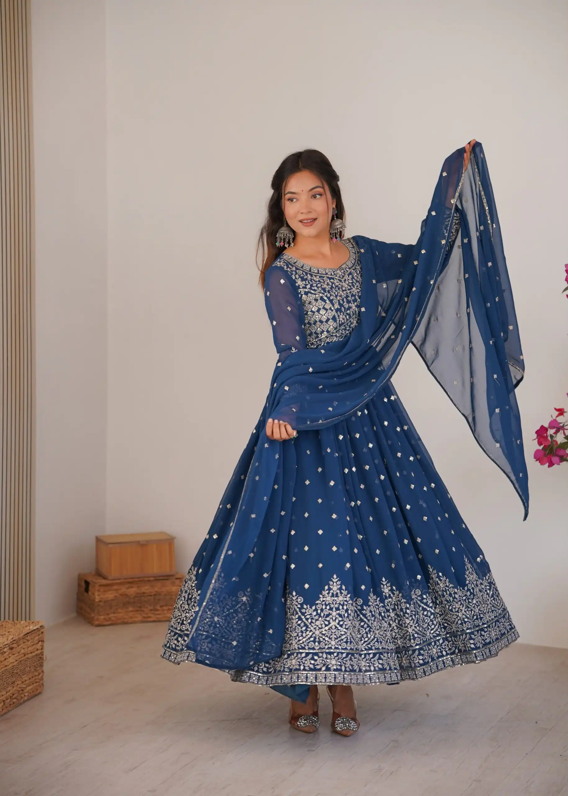Shiny Navy Blue Faux Georgette Thread Work Anarkali Suit - Image 2