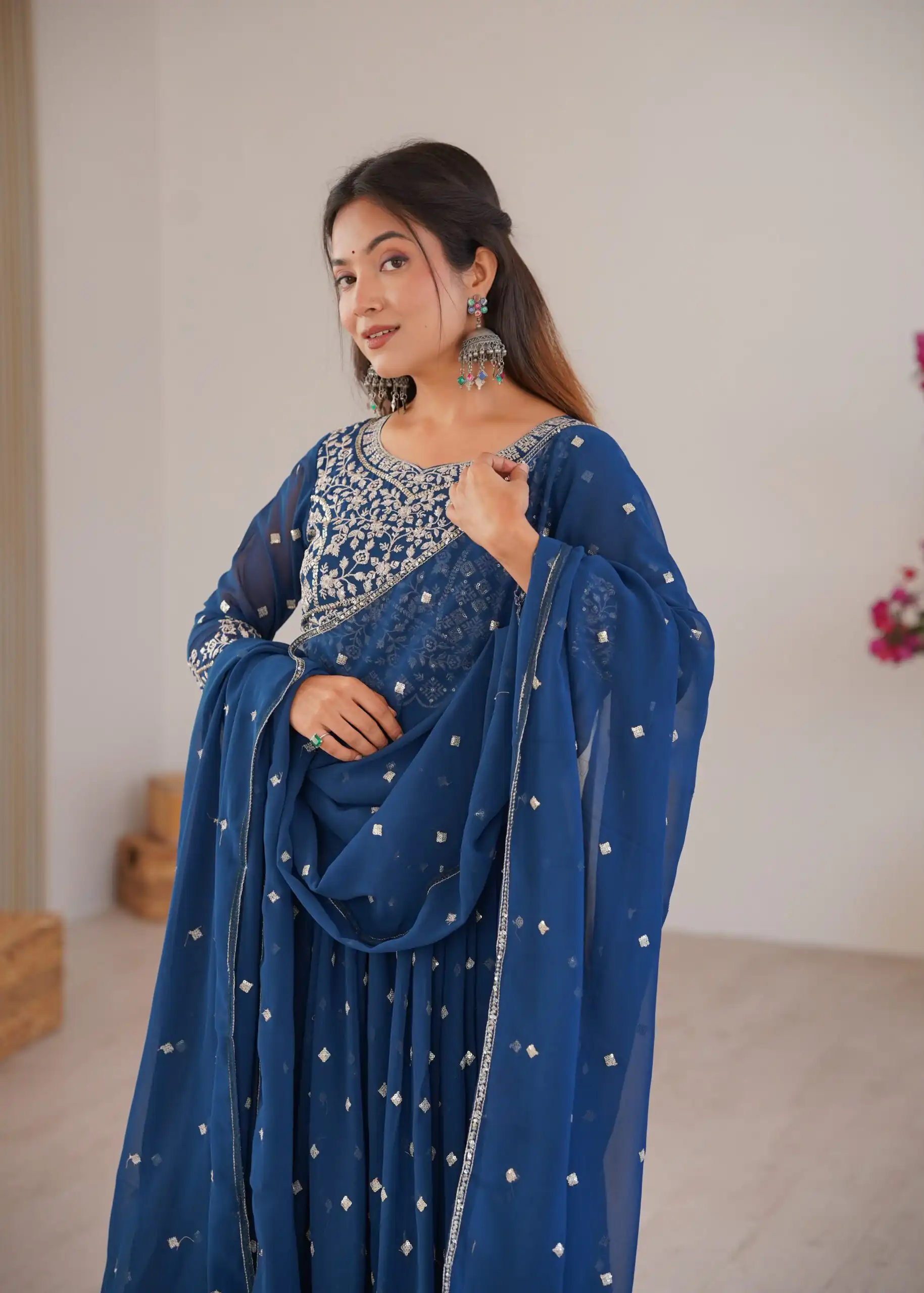Shiny Navy Blue Faux Georgette Thread Work Anarkali Suit - Image 7