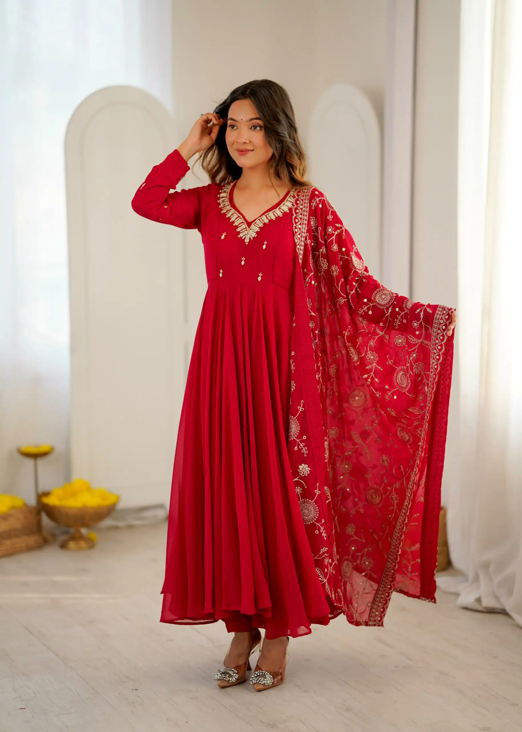 Shiny Red Faux Georgette Embroidery Mirror Work Gown - Image 2
