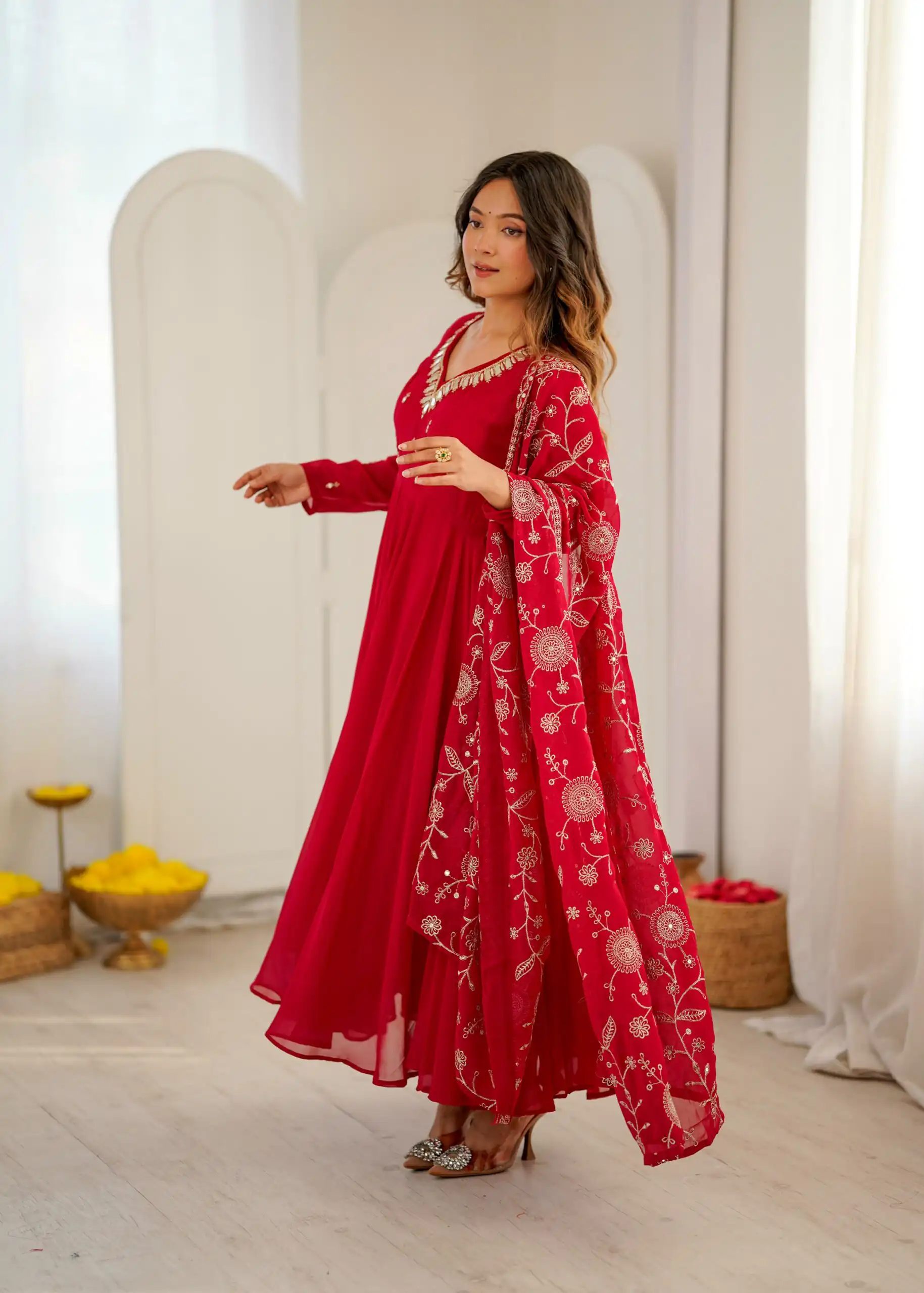 Shiny Red Faux Georgette Embroidery Mirror Work Gown - Image 13