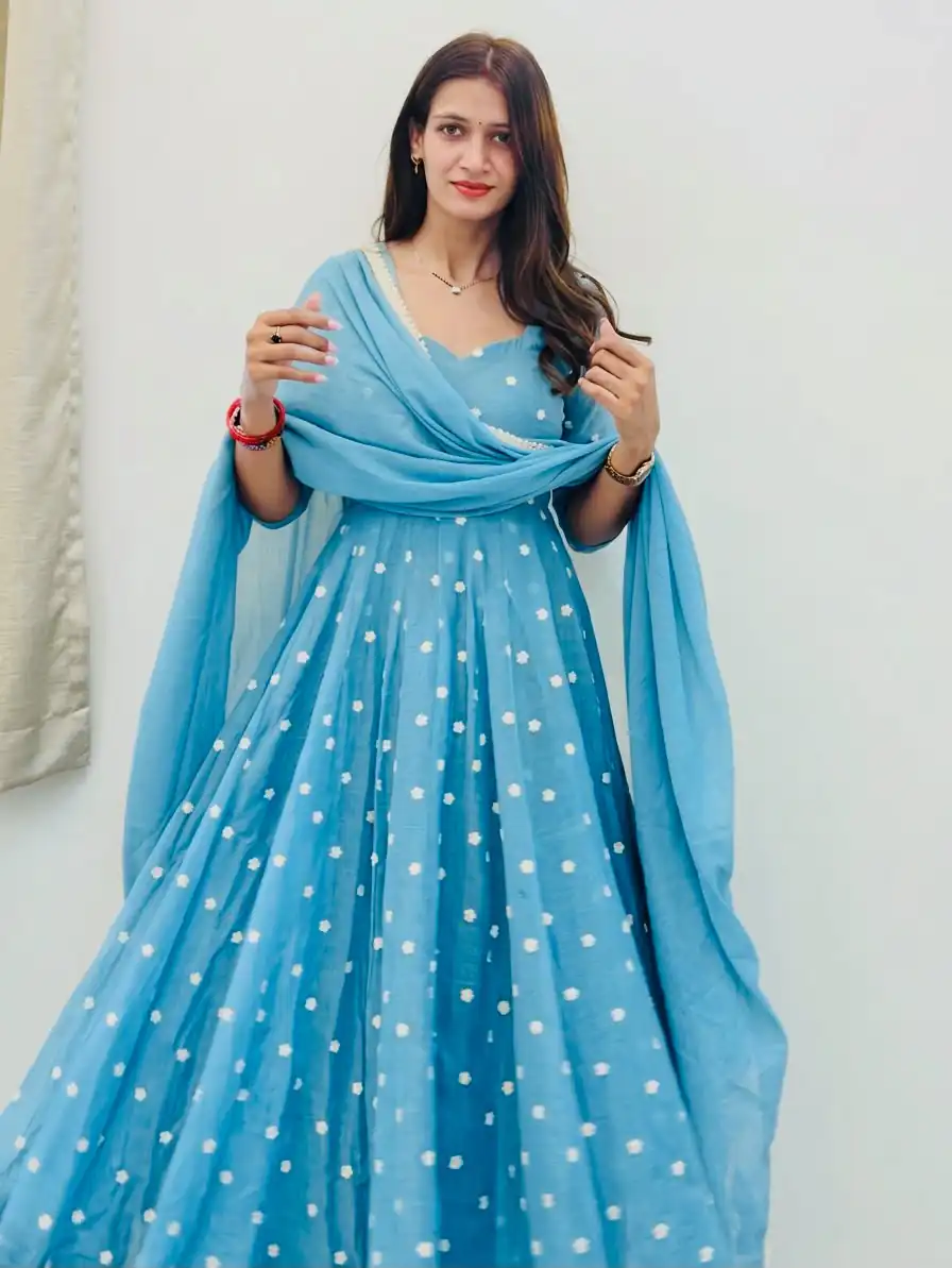Simple Sky Blue Georgette Thread Embroidery Work Gown - Image 3