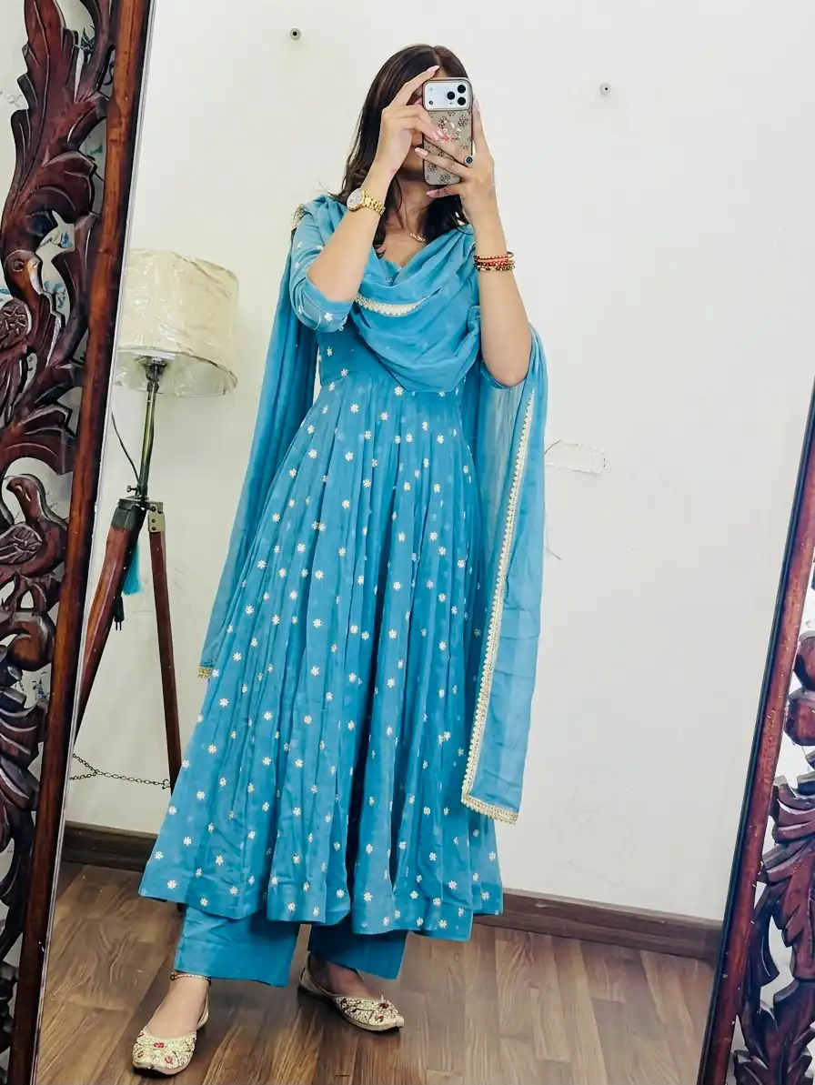 Simple Sky Blue Georgette Thread Embroidery Work Gown