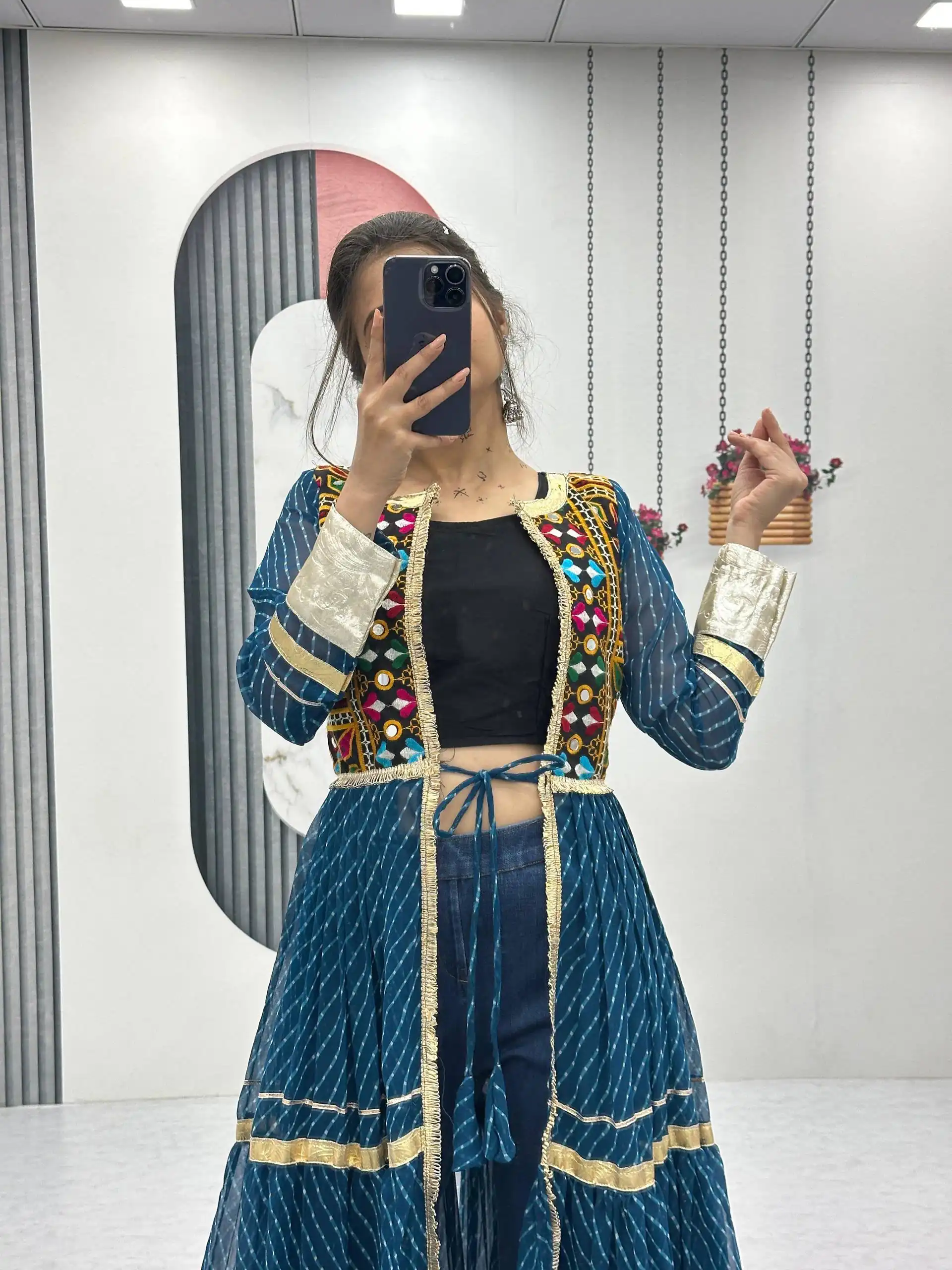 Solid Teal Fox Georgette Lace Mirror Work Kurti - Image 2