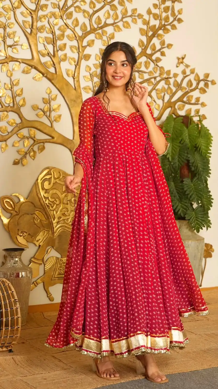 Special Red Faux Georgette Bandhani Print Work Gown - Image 3
