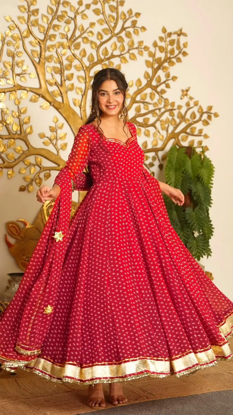 Special Red Faux Georgette Bandhani Print Work Gown