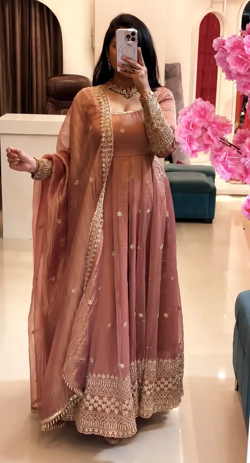Stunning Peach Crunchy Silk Embroider Work Gown