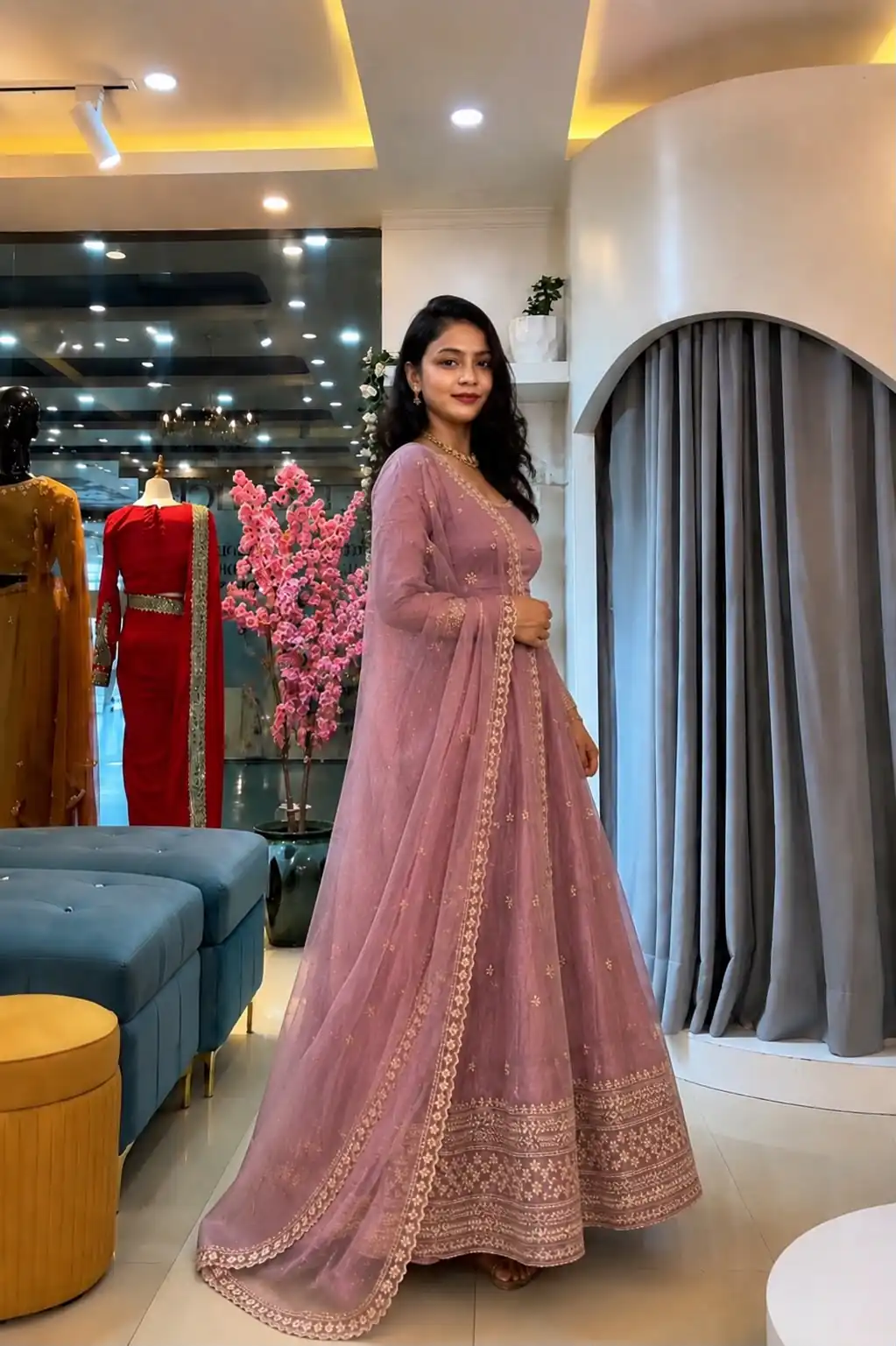 Stunning Pink Crunchy Silk Embroider Work Gown - Image 3