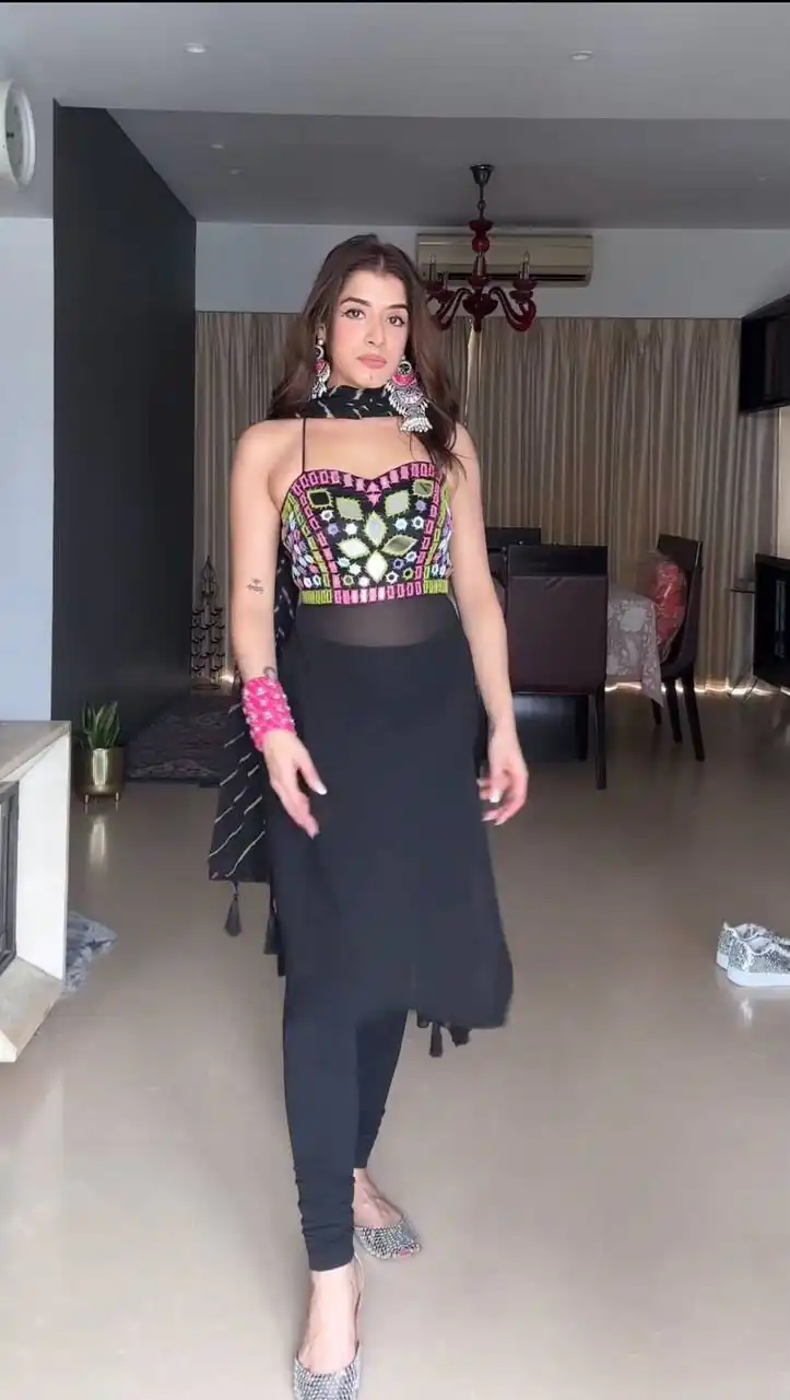 Stylist Black Faux Georgette Real Mirror Work Salwar Suit