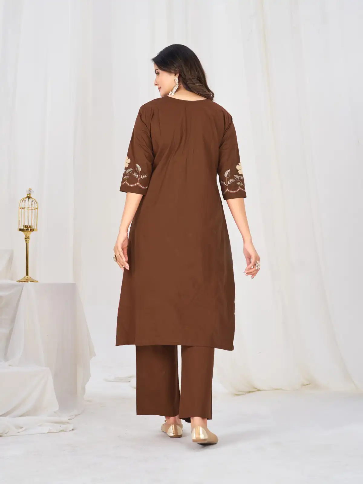 Stylist Brown Pure Cotton Embroidery Cut Work Salwar Suit - Image 4