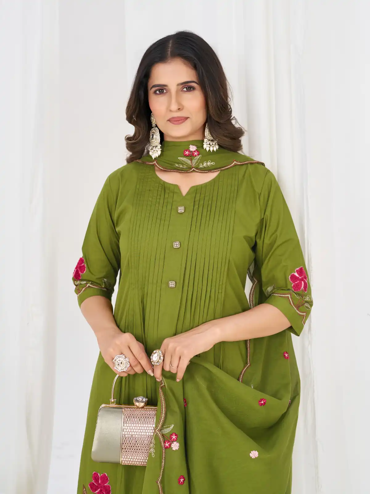 Stylist Green Pure Cotton Embroidery Cut Work Salwar Suit - Image 2