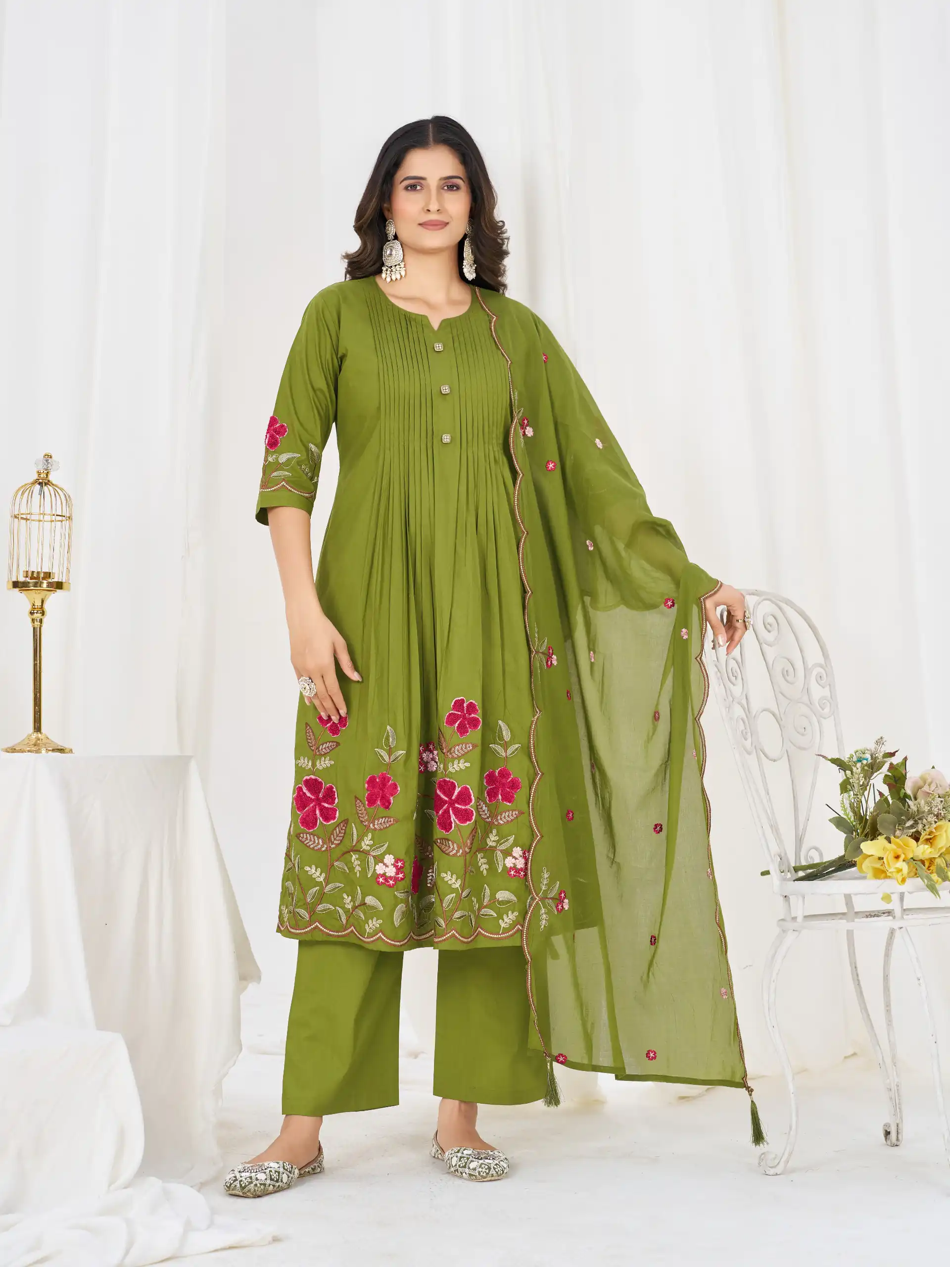 Stylist Green Pure Cotton Embroidery Cut Work Salwar Suit