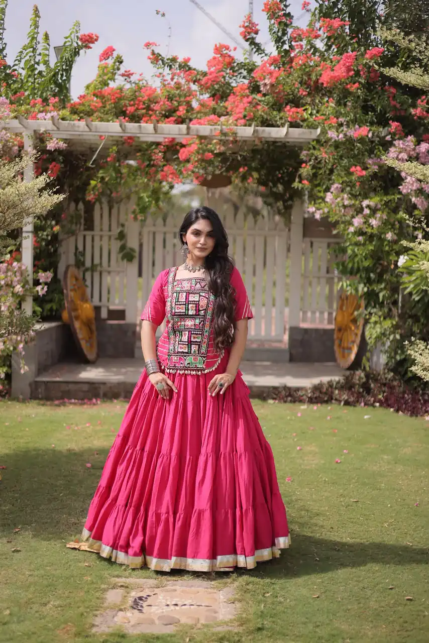 Stylist Pink Kora Cotton Kutchi Patch Work Lehenga Choli