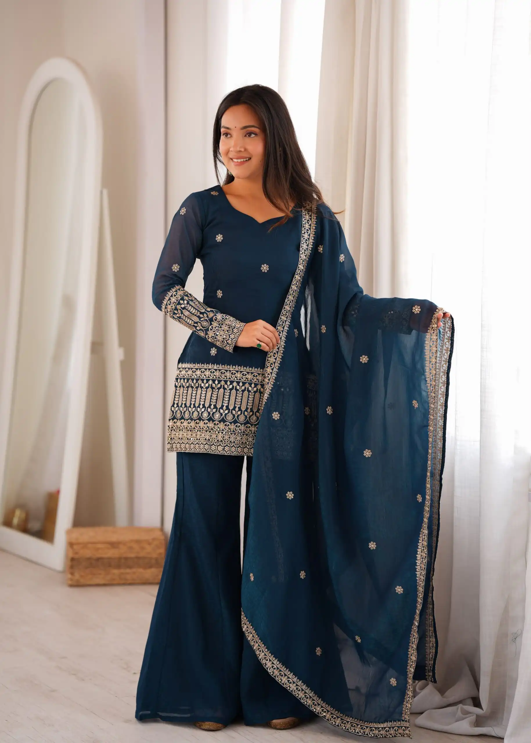 Stylist Teal Blue Crunchy Silk Sequins Work Salwar Suit - Image 5