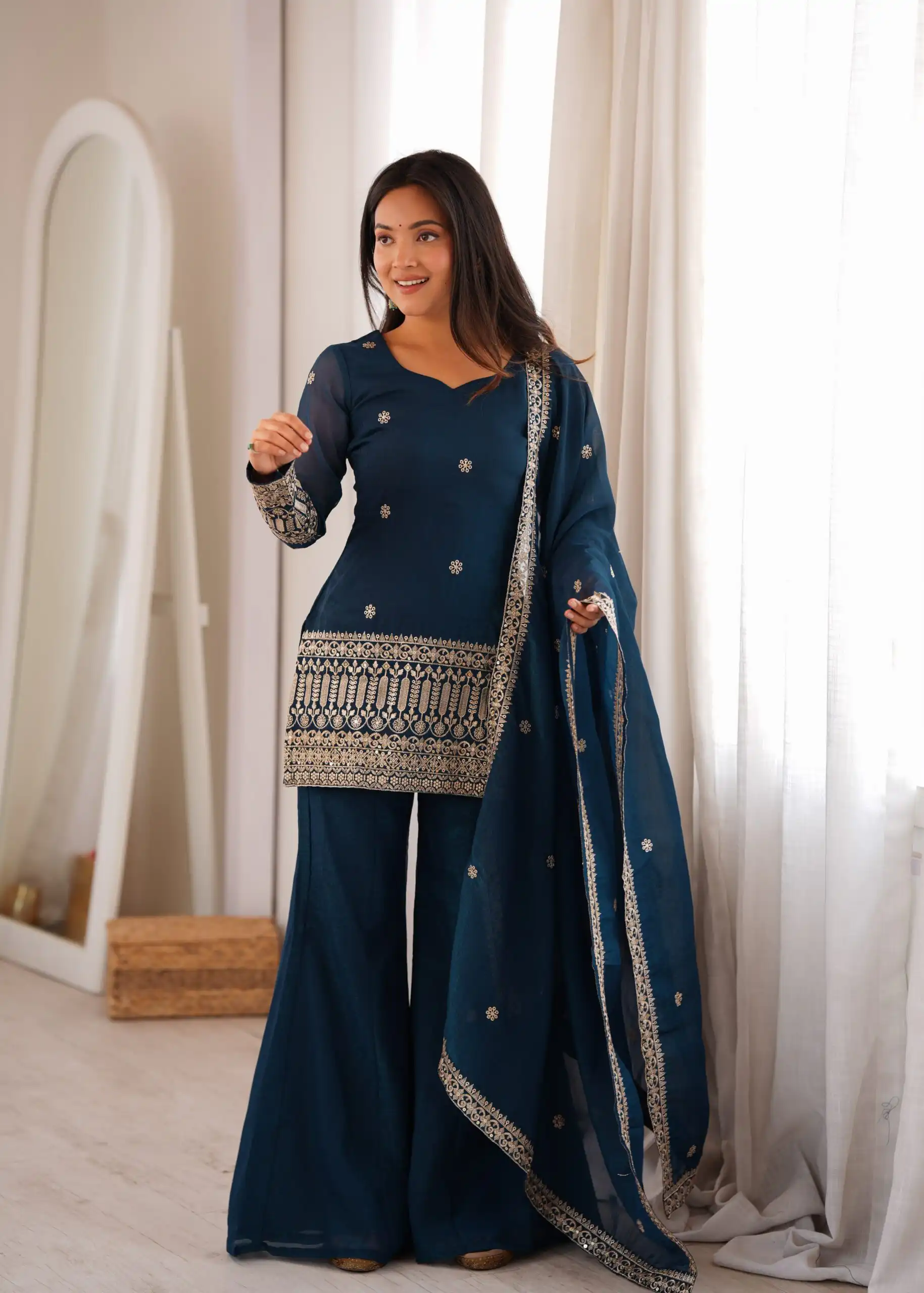 Stylist Teal Blue Crunchy Silk Sequins Work Salwar Suit - Image 4