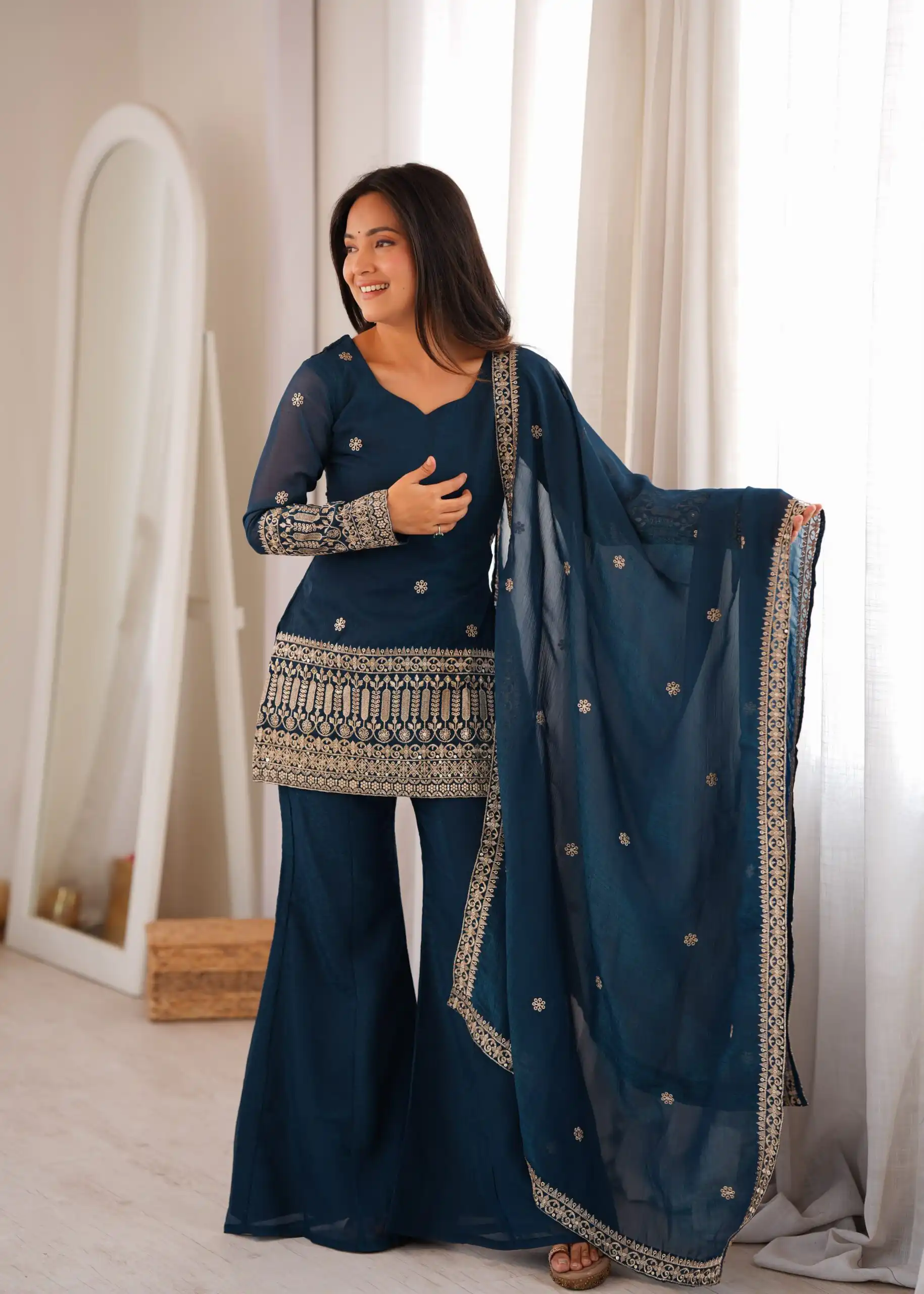 Stylist Teal Blue Crunchy Silk Sequins Work Salwar Suit - Image 3