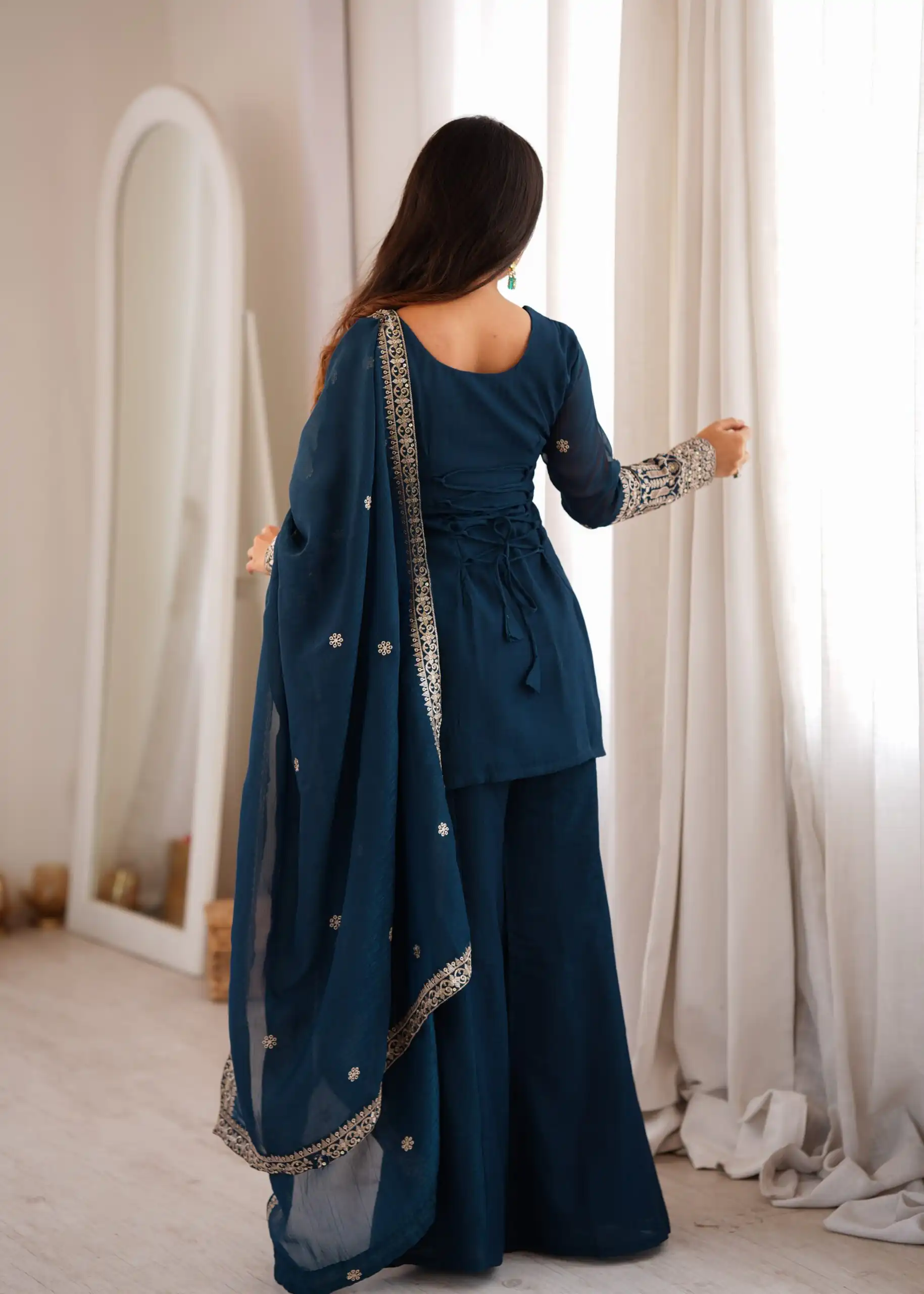 Stylist Teal Blue Crunchy Silk Sequins Work Salwar Suit - Image 8