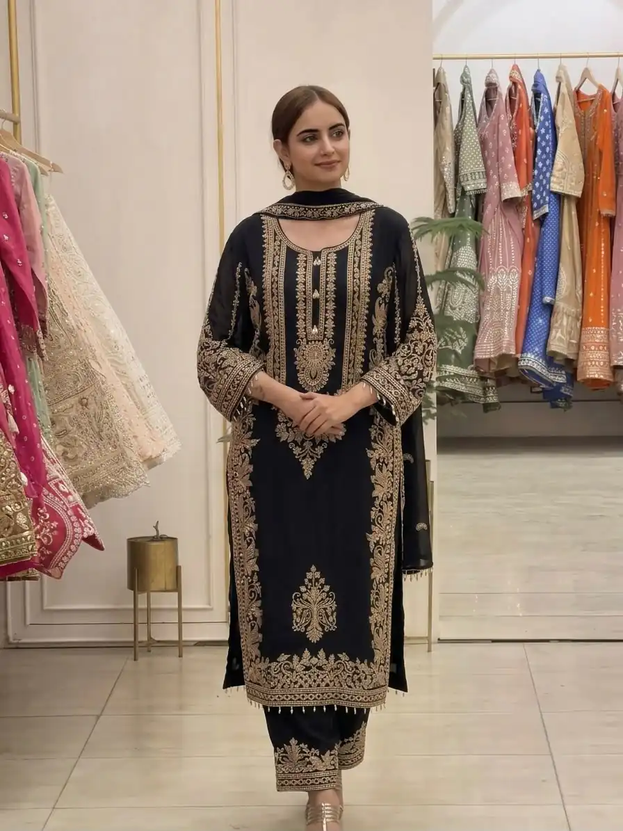 Super Black Faux Georgette Embroidery Work Salwar Suit - Image 4