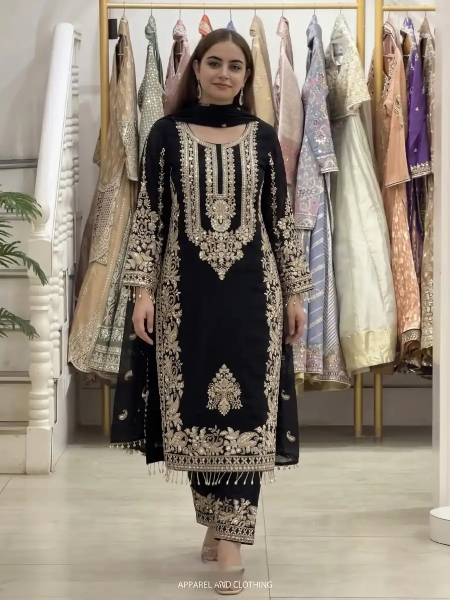 Super Black Faux Georgette Embroidery Work Salwar Suit - Image 3