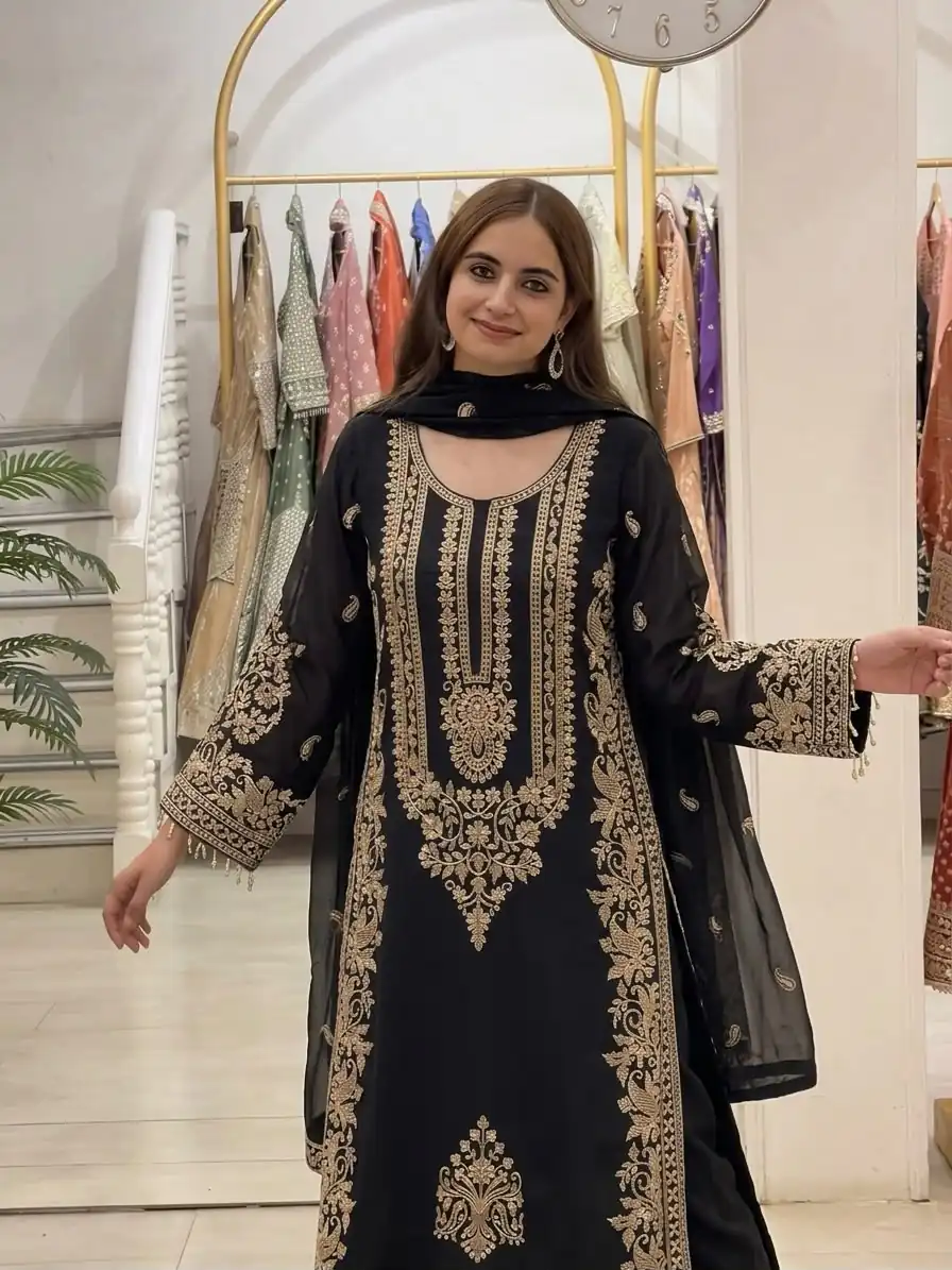 Super Black Faux Georgette Embroidery Work Salwar Suit