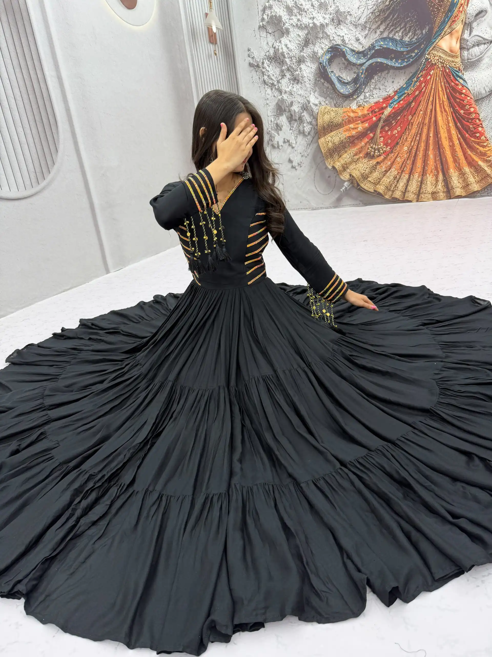 Super Black Pure Cotton Lace Work Gown - Image 8