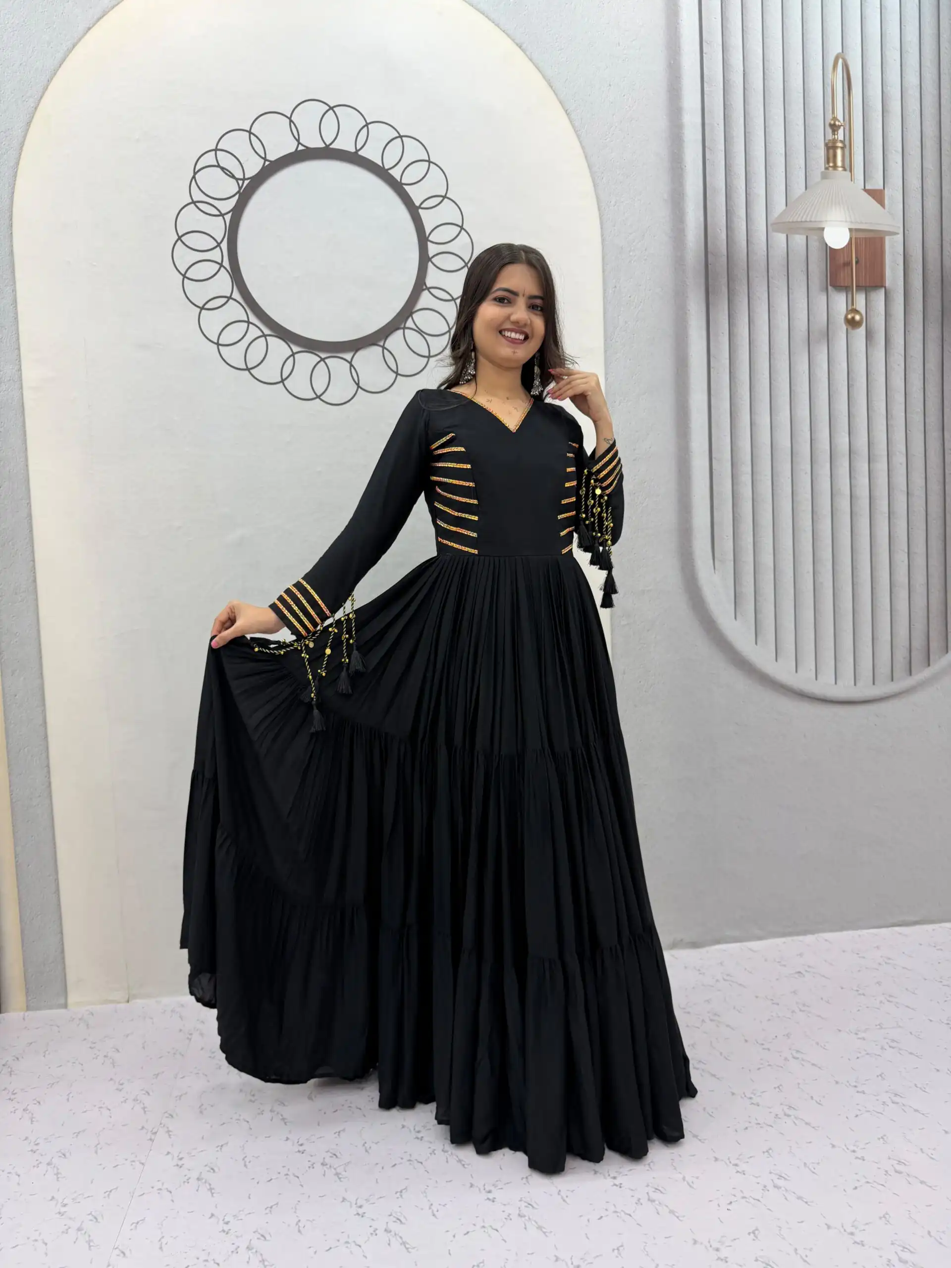 Super Black Pure Cotton Lace Work Gown - Image 3