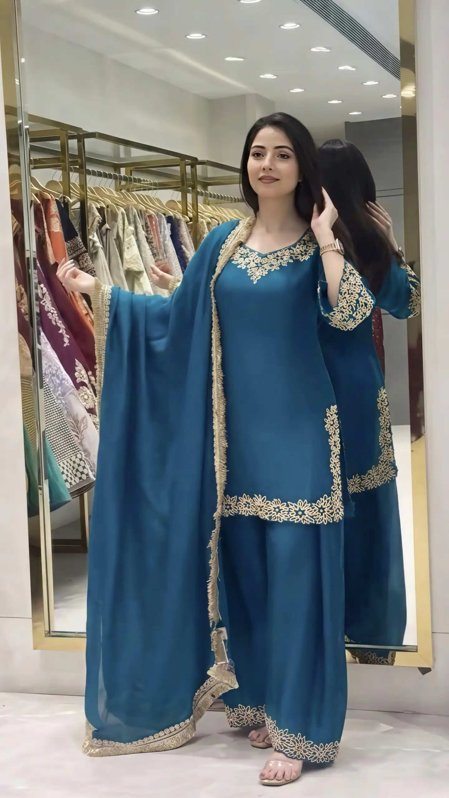 Super Blue Blooming Faux ⁠Sequins Lace Work Salwar Suit - Image 4