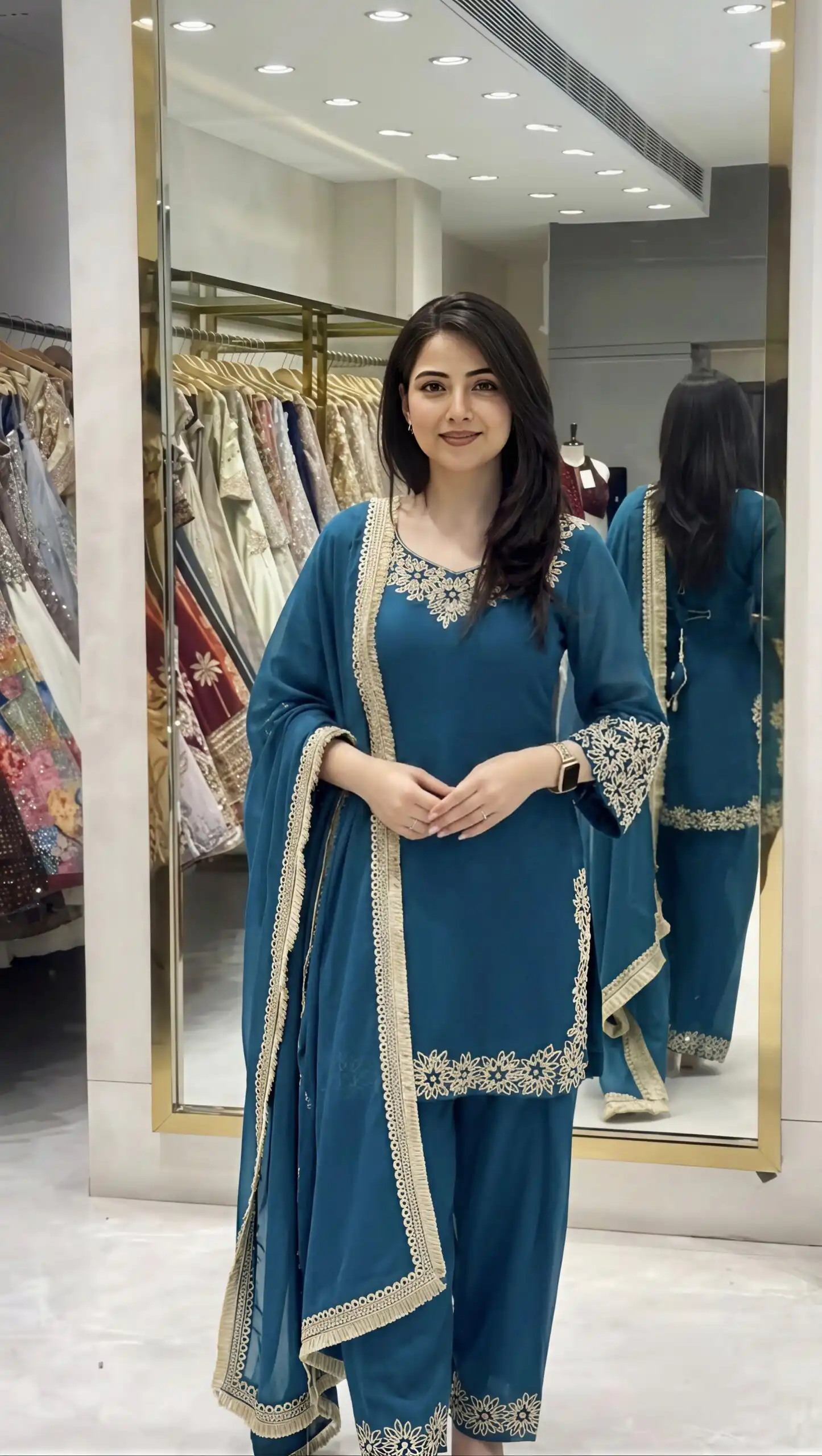 Super Blue Blooming Faux ⁠Sequins Lace Work Salwar Suit - Image 3