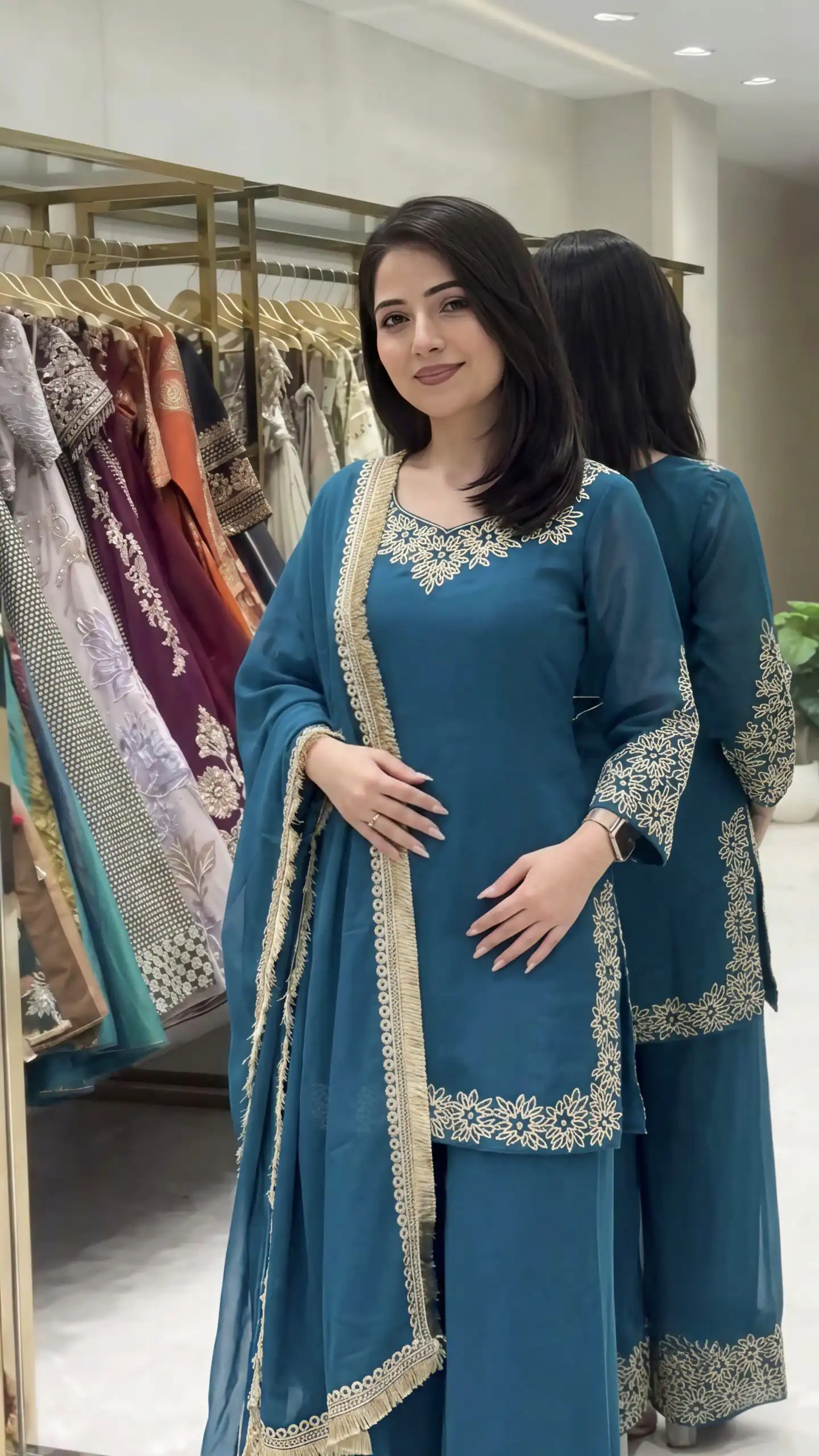 Super Blue Blooming Faux ⁠Sequins Lace Work Salwar Suit - Image 2