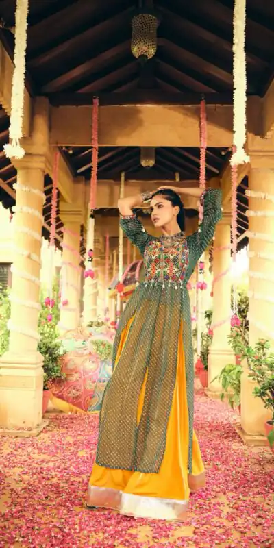 Alternative view of Super Green Plain Rayon Embroider Cowrie Work Lehenga Choli
