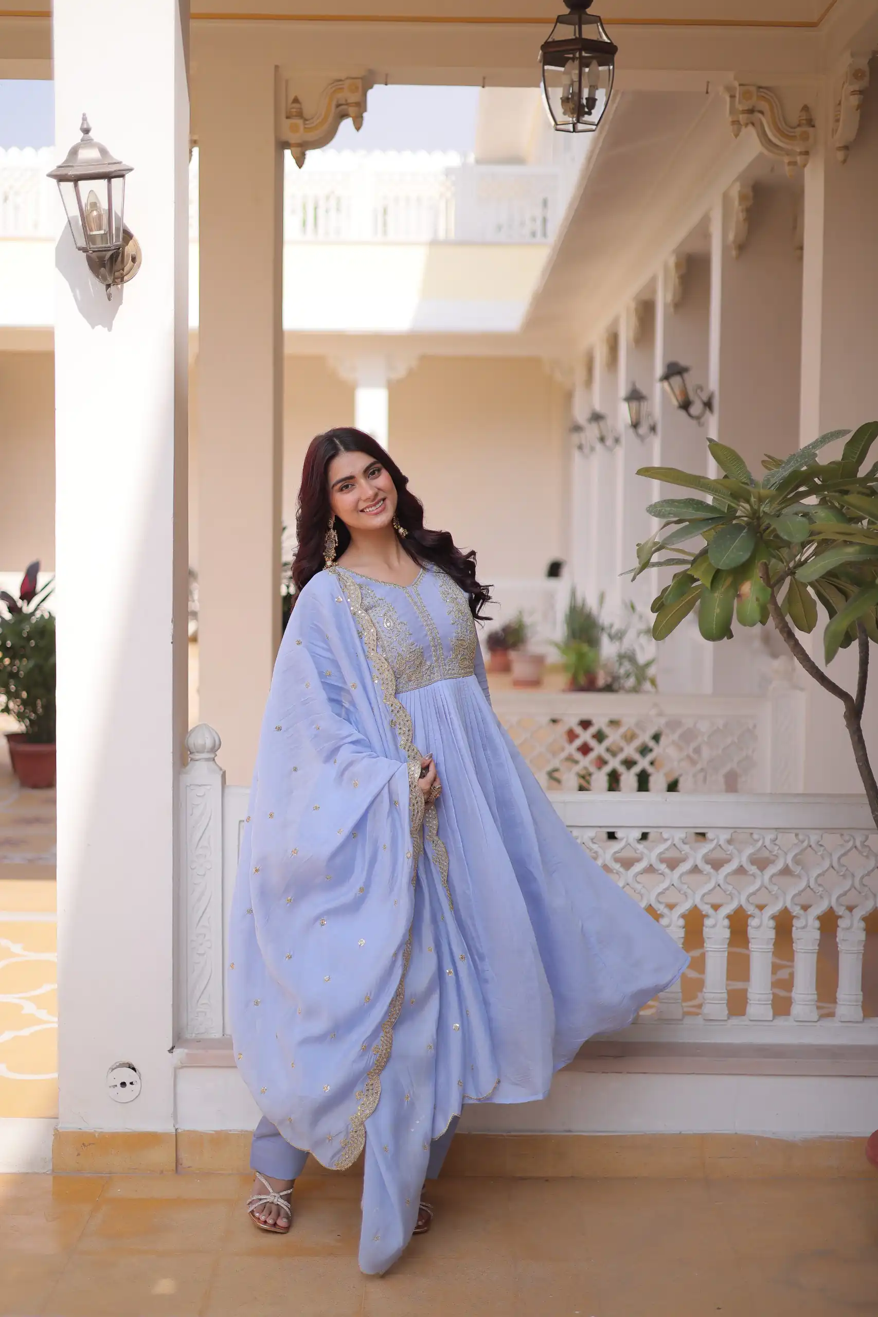 Super Lavender Roman Silk Bead Embroidery Work Gown - Image 4