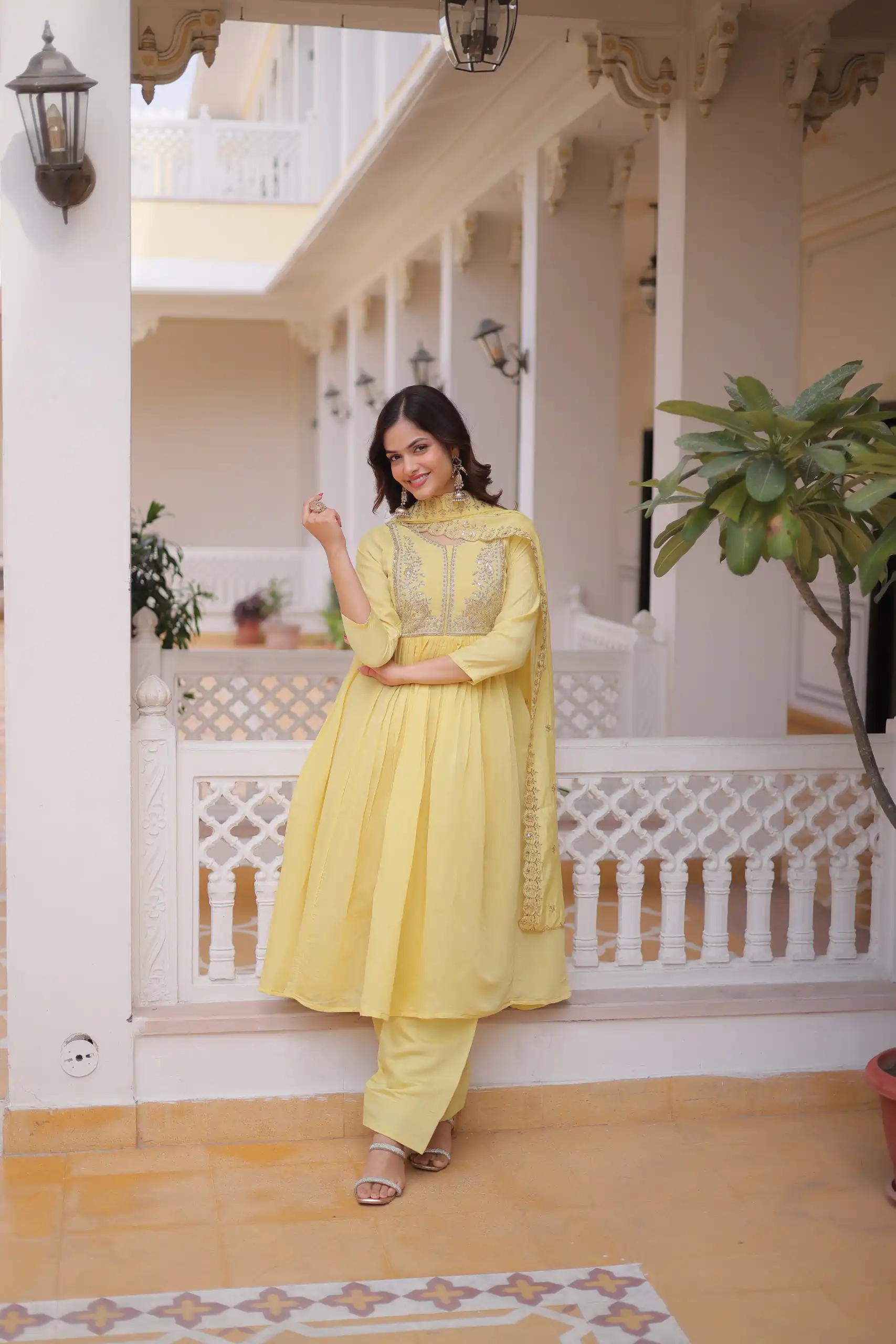 Super Lemon Yellow Roman Silk Bead Embroidery Work Gown - Image 2