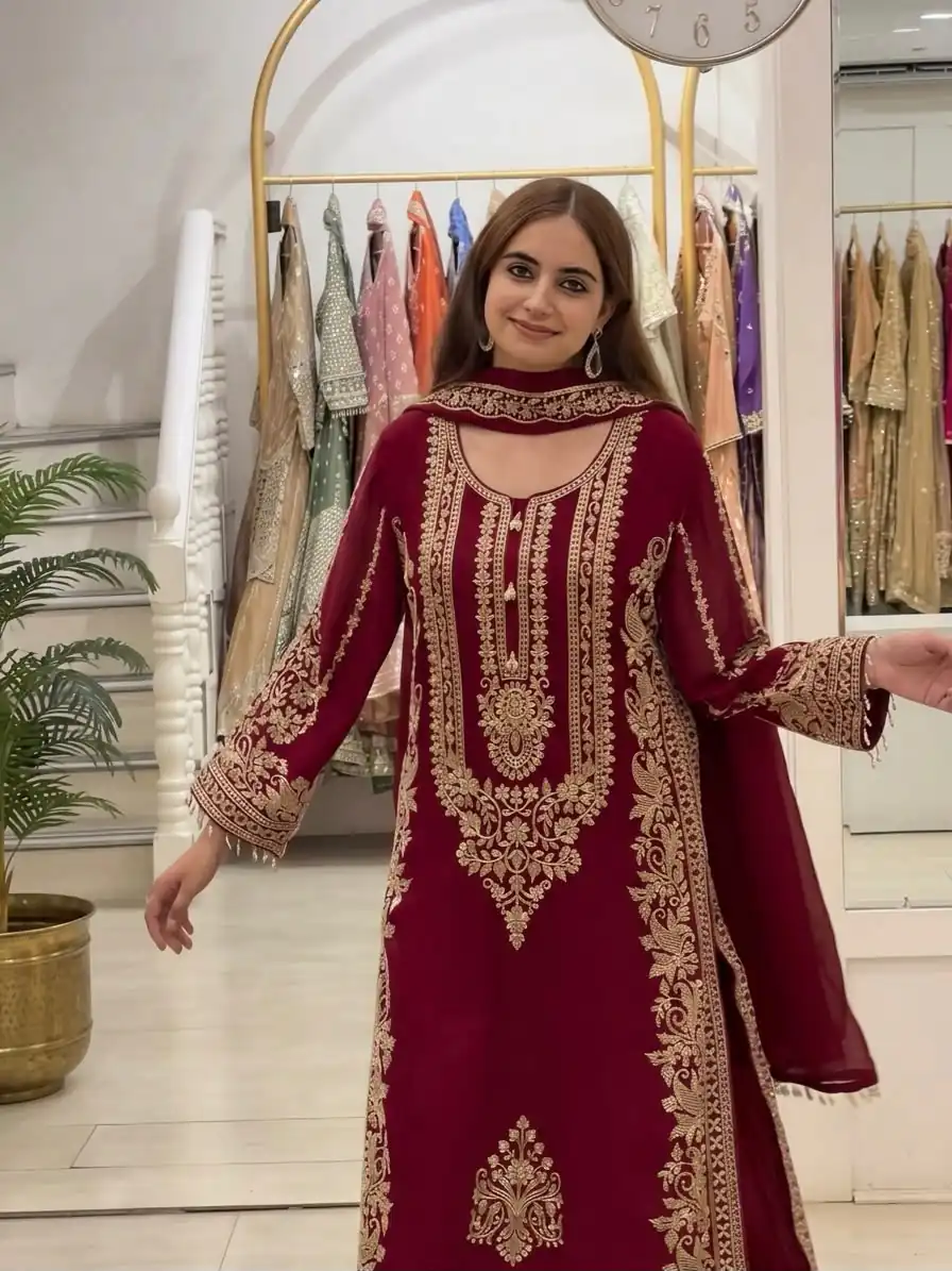 Super Maroon Faux Georgette Embroidery Work Salwar Suit - Image 3