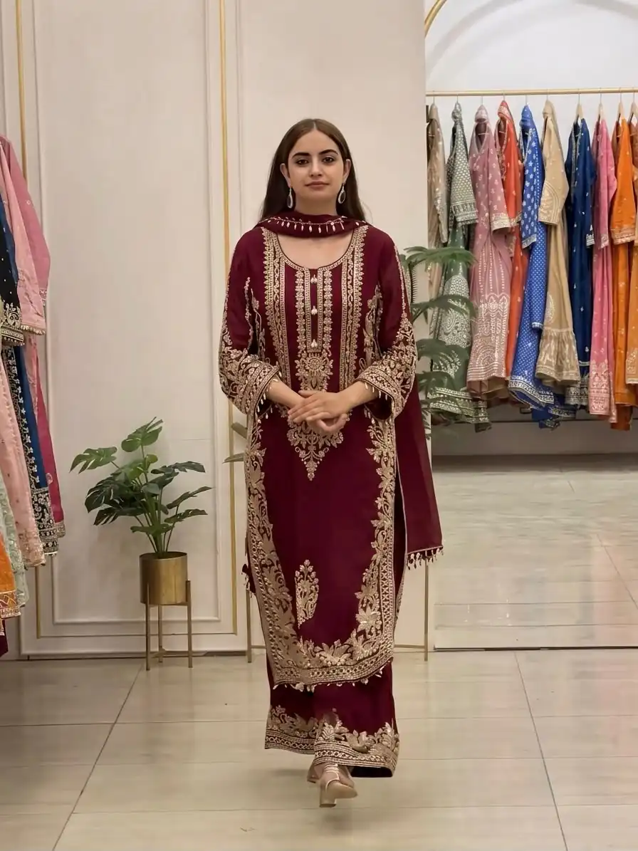 Super Maroon Faux Georgette Embroidery Work Salwar Suit - Image 2